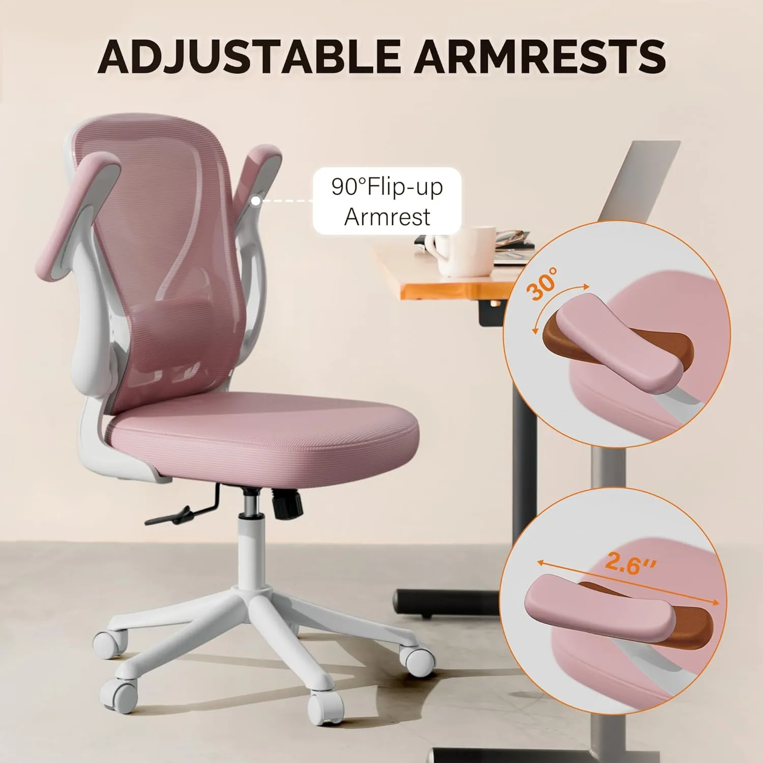 Computer Desk Chair with Wheels, Mesh Office Chair with Flip Up Arms, Adjustable Lumbar Support, Swivel Desk Chair Comfy, Pink