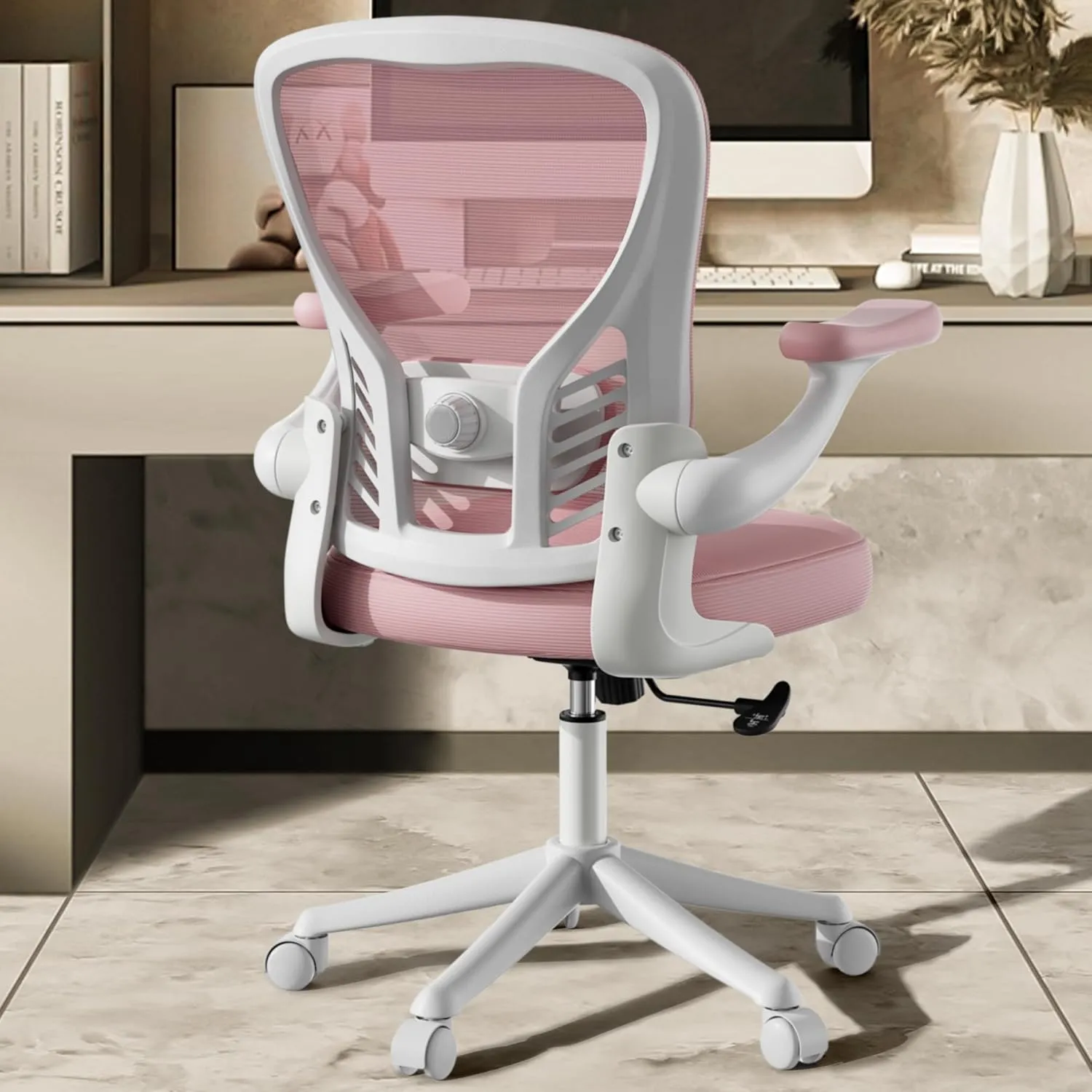 Computer Desk Chair with Wheels, Mesh Office Chair with Flip Up Arms, Adjustable Lumbar Support, Swivel Desk Chair Comfy, Pink