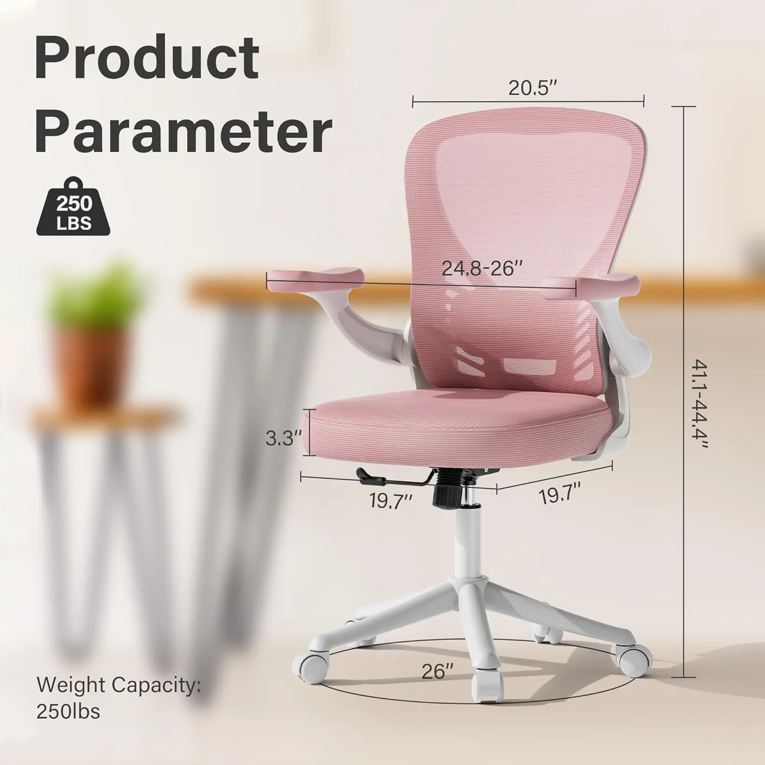 Computer Desk Chair with Wheels, Mesh Office Chair with Flip Up Arms, Adjustable Lumbar Support, Swivel Desk Chair Comfy, Pink