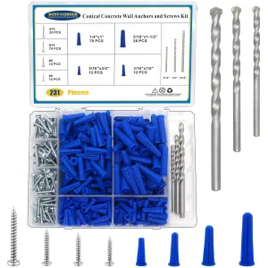 Conical Concrete Wall Anchors and Screws Assortment Kit, 228 Pcs Masonry Anchors with 3PCs Drill Bit,114 Brick Wall Anchors and 114 Self Tapping Screws, Blue