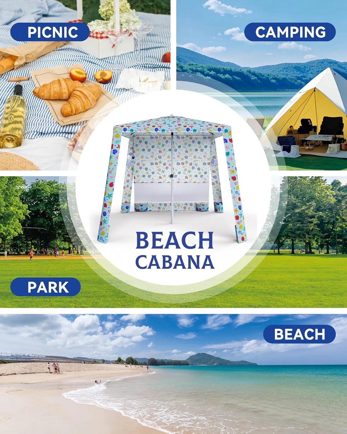 Cool Cabanas - 6.2'x6.2' Beach Sun Shelter, Quick Setup, Waterproof, UPF 50  UV Protection, Includes Side Wall & Sand Pockets, Great for Kids, Family, and Outdoor Fun