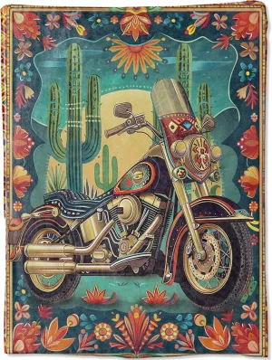 Cool Vintage Motorcycle Desert Blanket for Bedroom Room Home Indoor Decor, Retro Motorbike Cactus Flannel Throw Blankets Gifts for Biker Lovers Men Teens, Comfort Warm Soft Throws (40x50in)