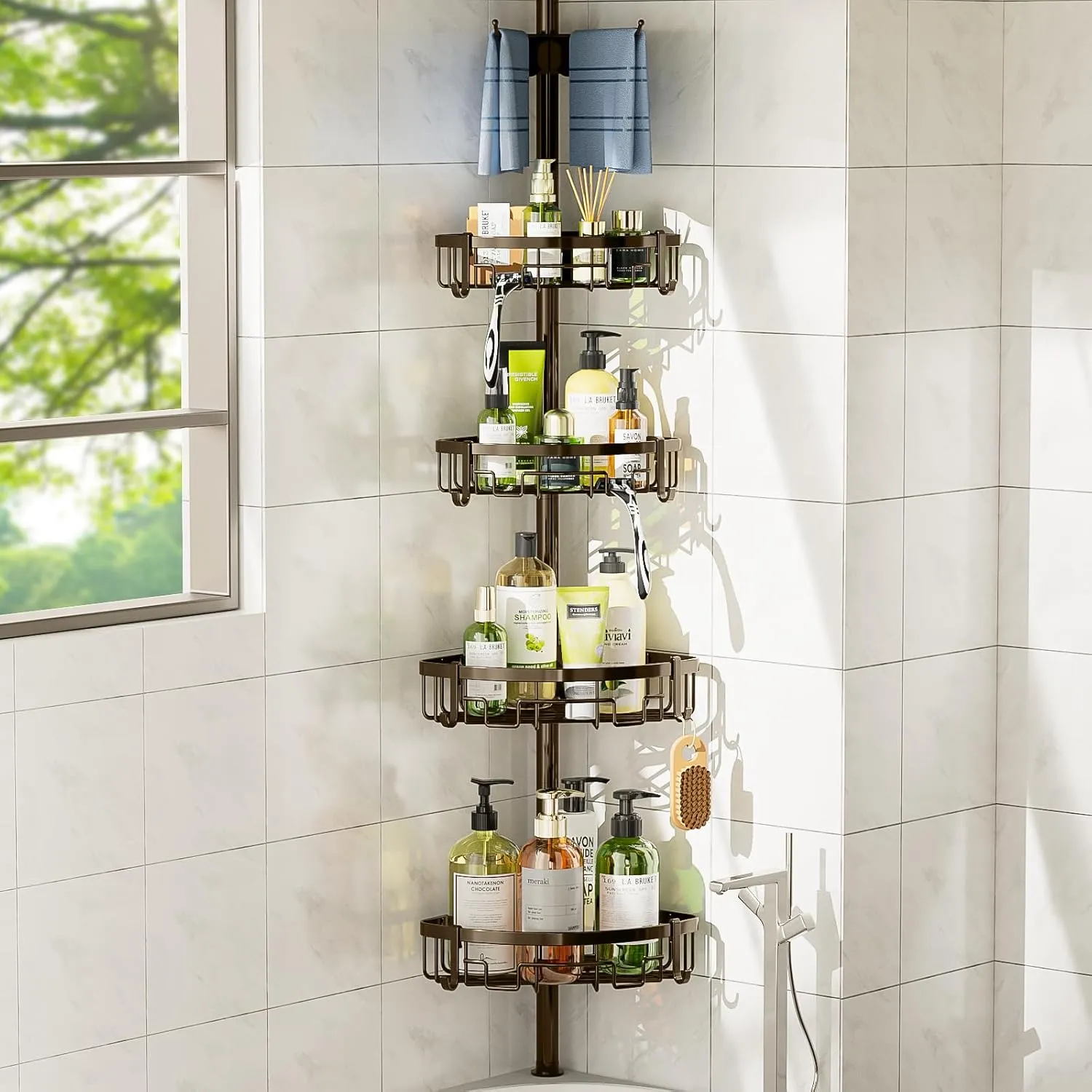 Coonoor Corner Shower Caddy Tension Pole - 62-115 INCH - 4-Tier Bathroom Organizer Shelves