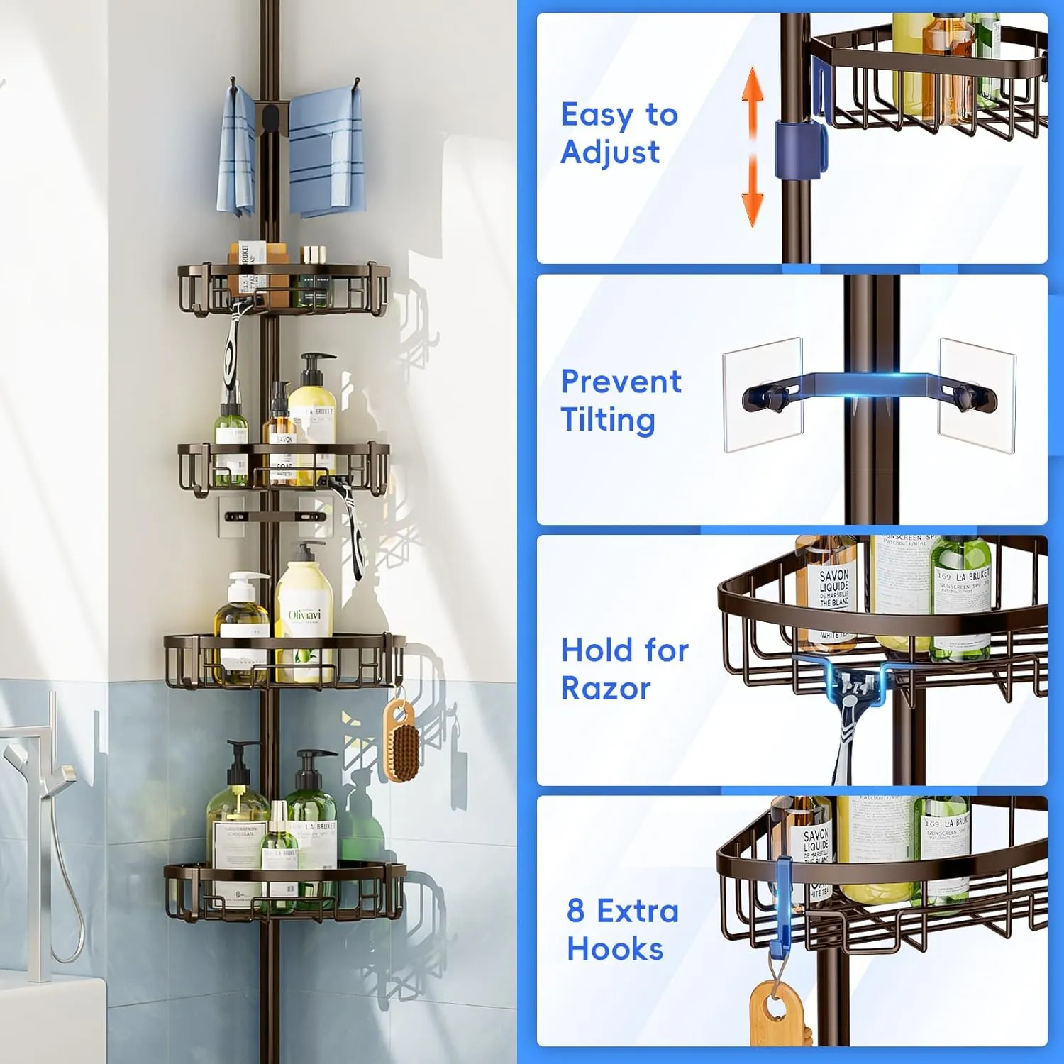 Coonoor Corner Shower Caddy Tension Pole - 62-115 INCH - 4-Tier Bathroom Organizer Shelves