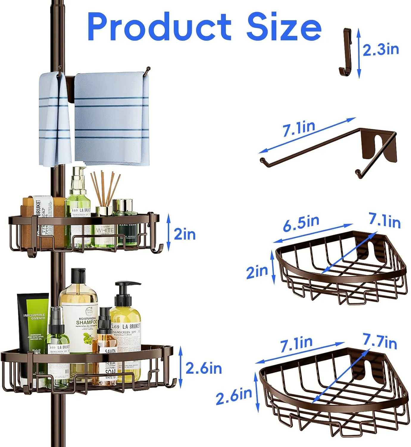 Coonoor Corner Shower Caddy Tension Pole - 62-115 INCH - 4-Tier Bathroom Organizer Shelves