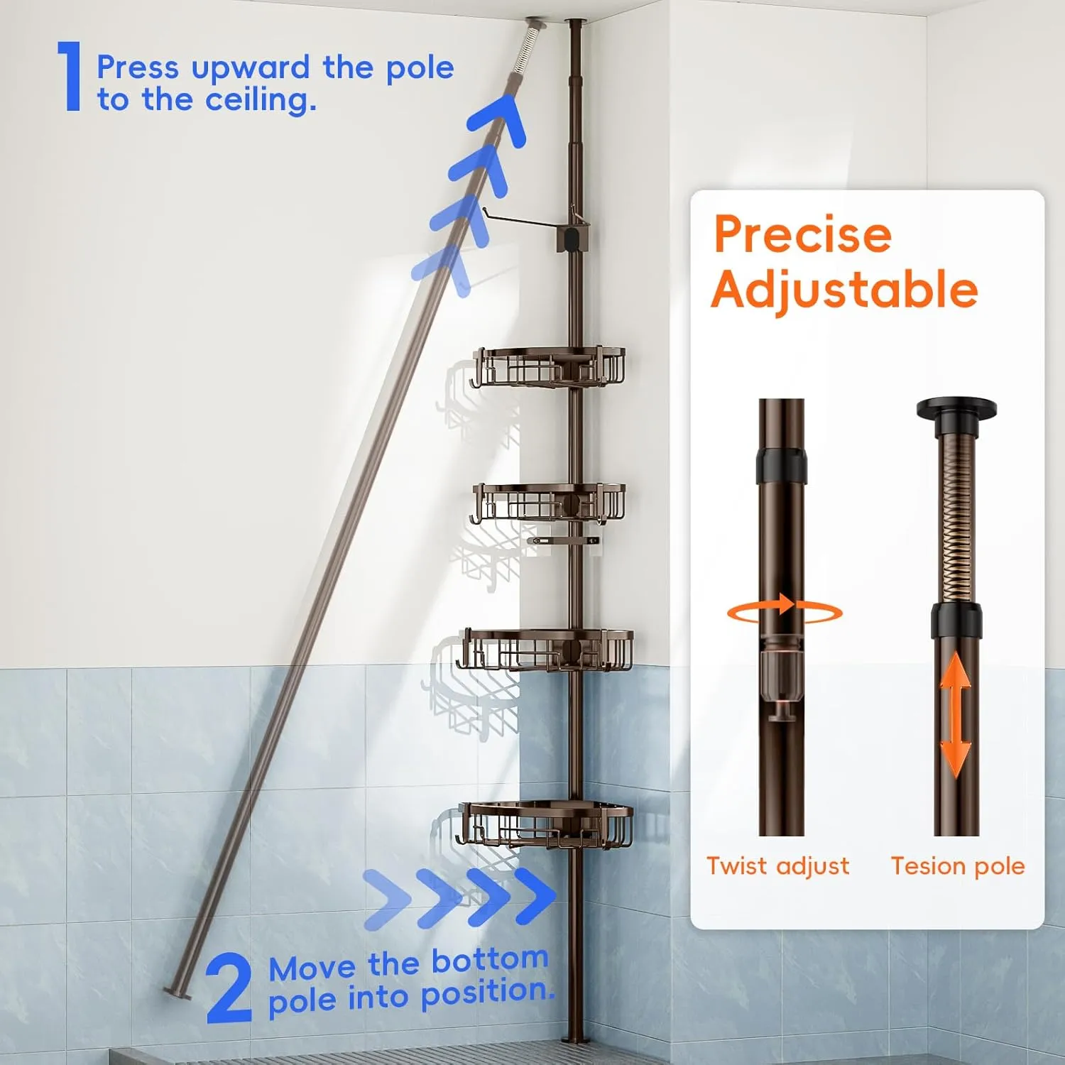 Coonoor Corner Shower Caddy Tension Pole - 62-115 INCH - 4-Tier Bathroom Organizer Shelves