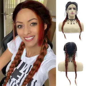 Copper Red Braided Wigs for Women Long Braids Lace Front Wig With Baby Hair Soft Black Red Brown Synthetic Knotless Braided Wig Hairline Glueless Heat Resistant Fiber Hair Cosplay Daily 22 Inch
