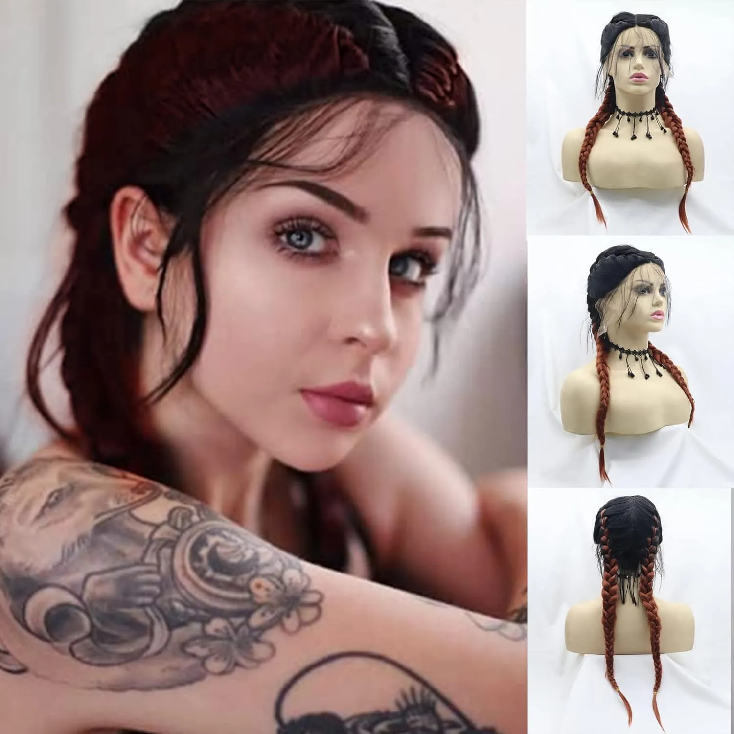 Copper Red Braided Wigs for Women Long Braids Lace Front Wig With Baby Hair Soft Black Red Brown Synthetic Knotless Braided Wig Hairline Glueless Heat Resistant Fiber Hair Cosplay Daily 22 Inch