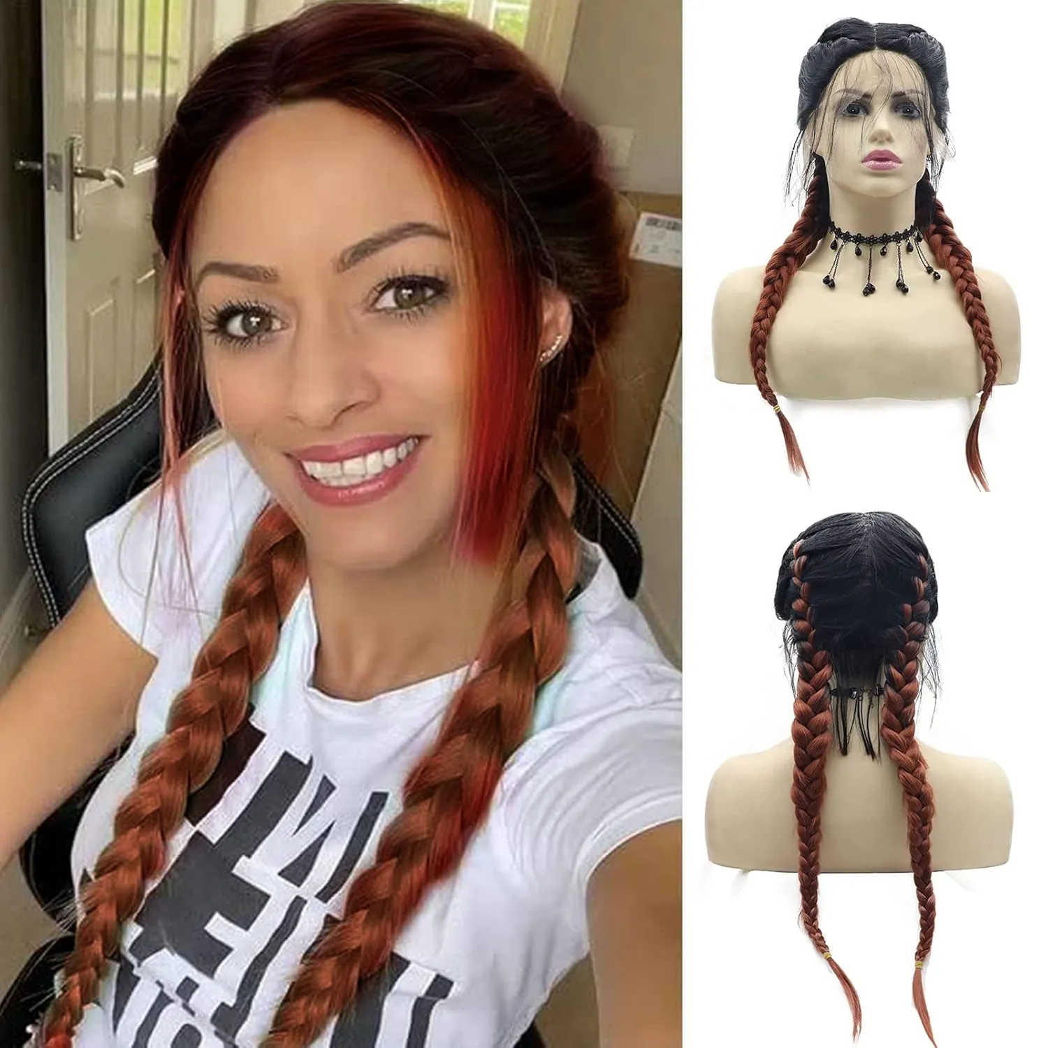 Copper Red Braided Wigs for Women Long Braids Lace Front Wig With Baby Hair Soft Black Red Brown Synthetic Knotless Braided Wig Hairline Glueless Heat Resistant Fiber Hair Cosplay Daily 22 Inch