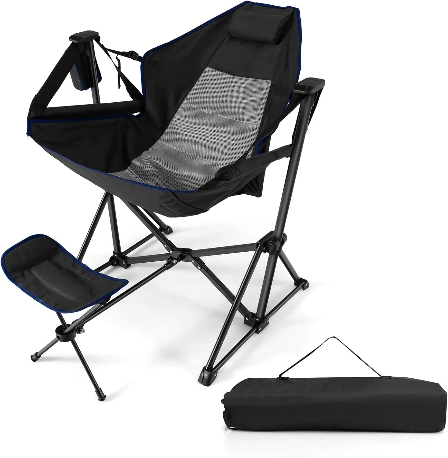 COSTWAY Folding Camping Chair, Portable Beach Chair with Retractable Footrest, Adjustable Back, Cup Holder & Carry Bag, Outdoor Lawn Patio Chair for Camping, Fishing, Hiking (Black, 1 Pack)