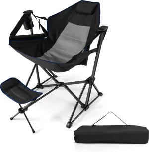 COSTWAY Folding Camping Chair, Portable Beach Chair with Retractable Footrest, Adjustable Back, Cup Holder & Carry Bag, Outdoor Lawn Patio Chair for Camping, Fishing, Hiking (Black, 1 Pack)
