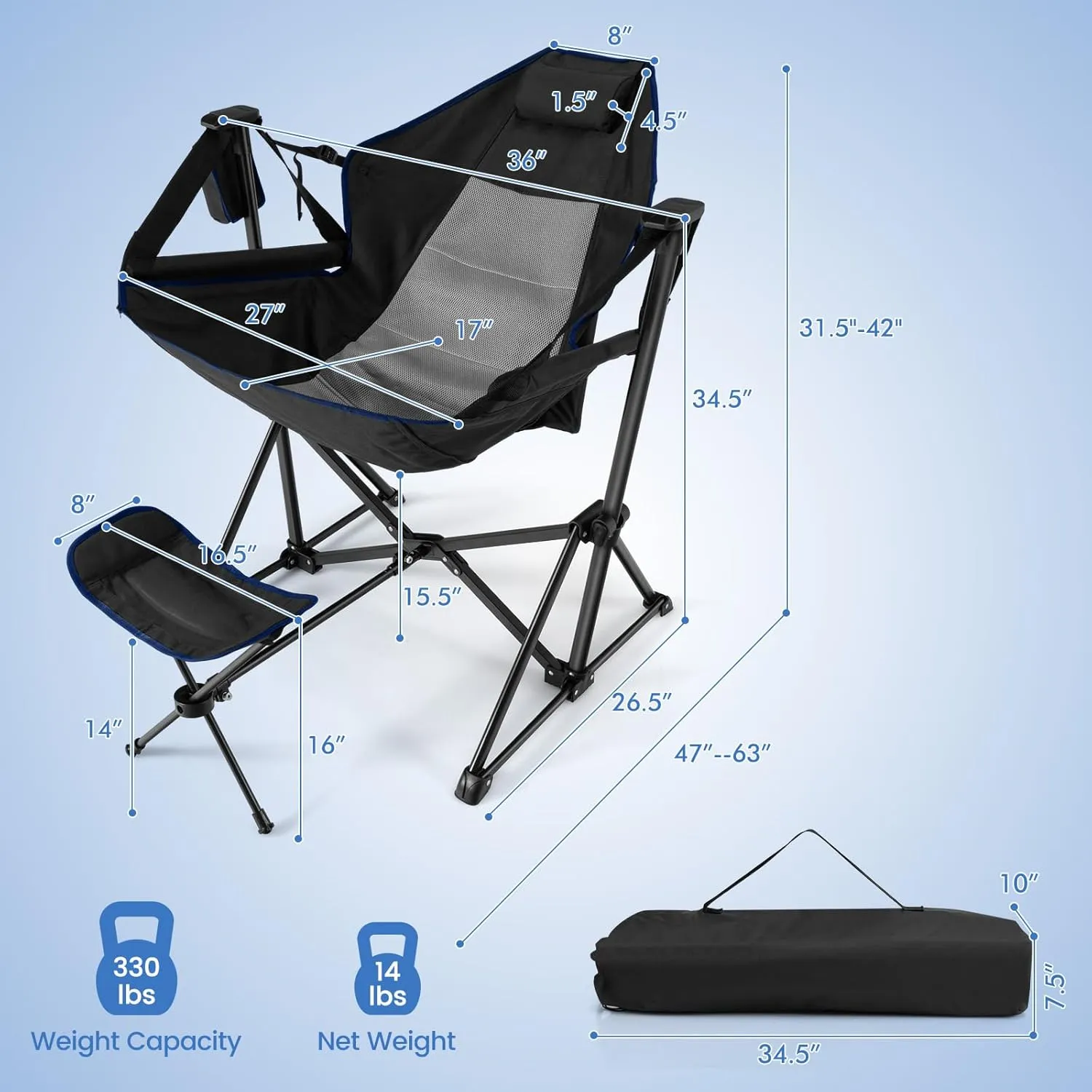 COSTWAY Folding Camping Chair, Portable Beach Chair with Retractable Footrest, Adjustable Back, Cup Holder & Carry Bag, Outdoor Lawn Patio Chair for Camping, Fishing, Hiking (Black, 1 Pack)