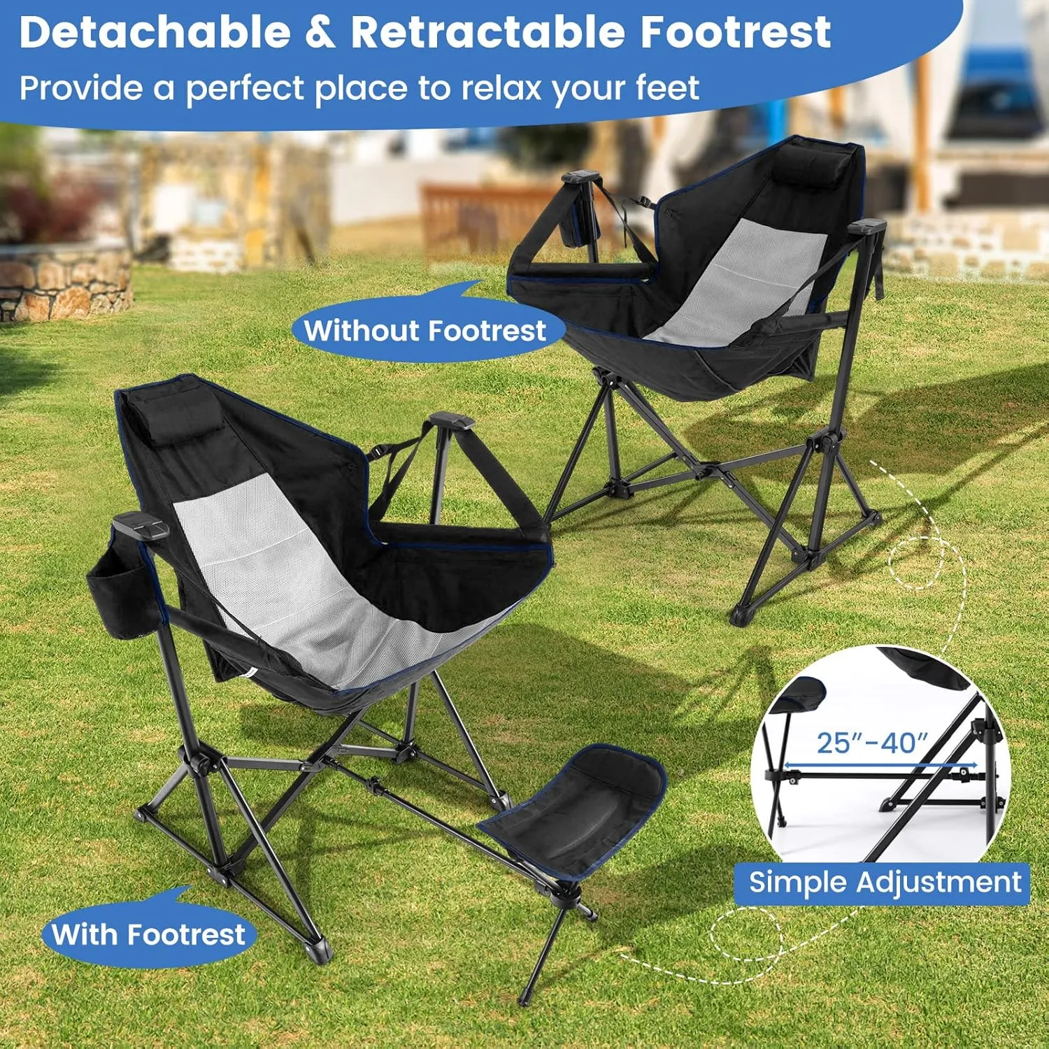 COSTWAY Folding Camping Chair, Portable Beach Chair with Retractable Footrest, Adjustable Back, Cup Holder & Carry Bag, Outdoor Lawn Patio Chair for Camping, Fishing, Hiking (Black, 1 Pack)