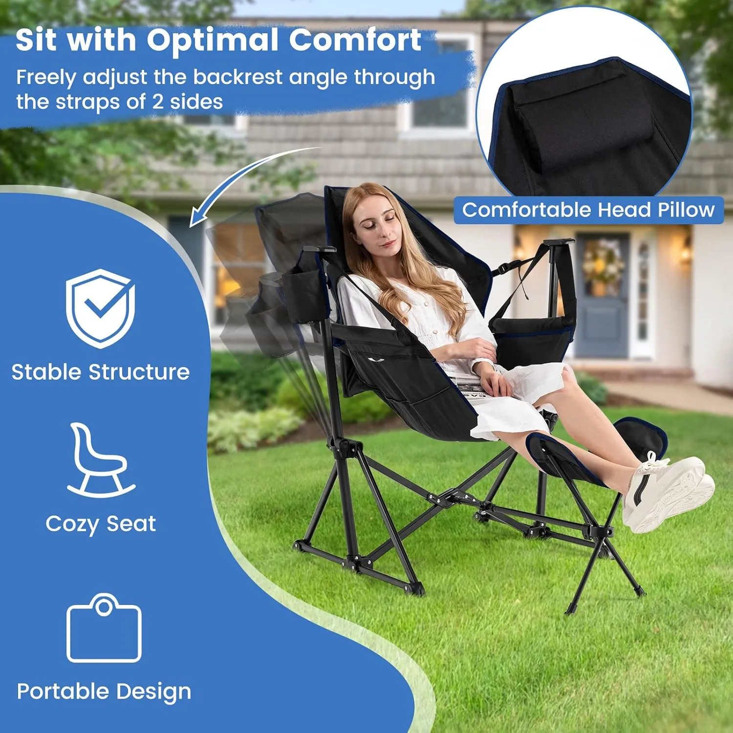 COSTWAY Folding Camping Chair, Portable Beach Chair with Retractable Footrest, Adjustable Back, Cup Holder & Carry Bag, Outdoor Lawn Patio Chair for Camping, Fishing, Hiking (Black, 1 Pack)