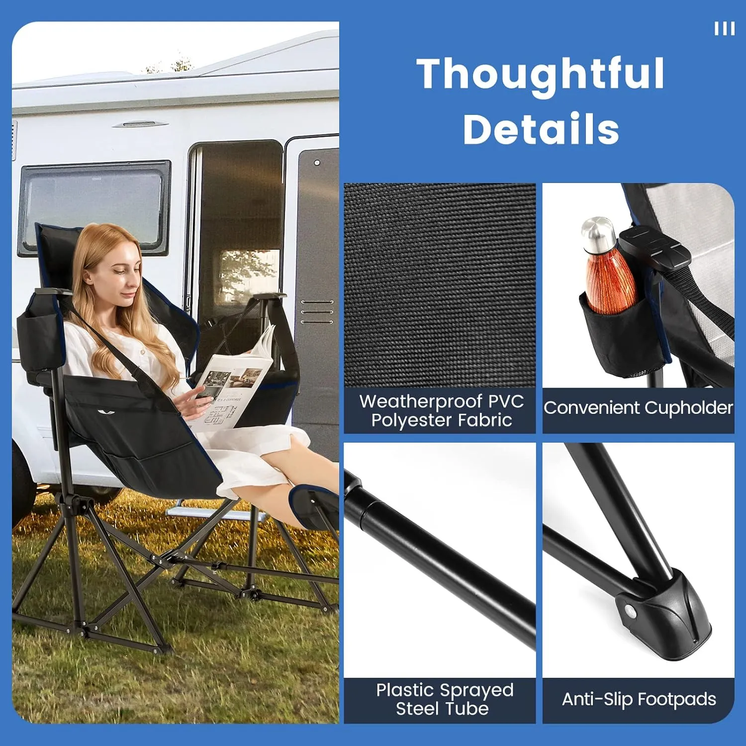 COSTWAY Folding Camping Chair, Portable Beach Chair with Retractable Footrest, Adjustable Back, Cup Holder & Carry Bag, Outdoor Lawn Patio Chair for Camping, Fishing, Hiking (Black, 1 Pack)