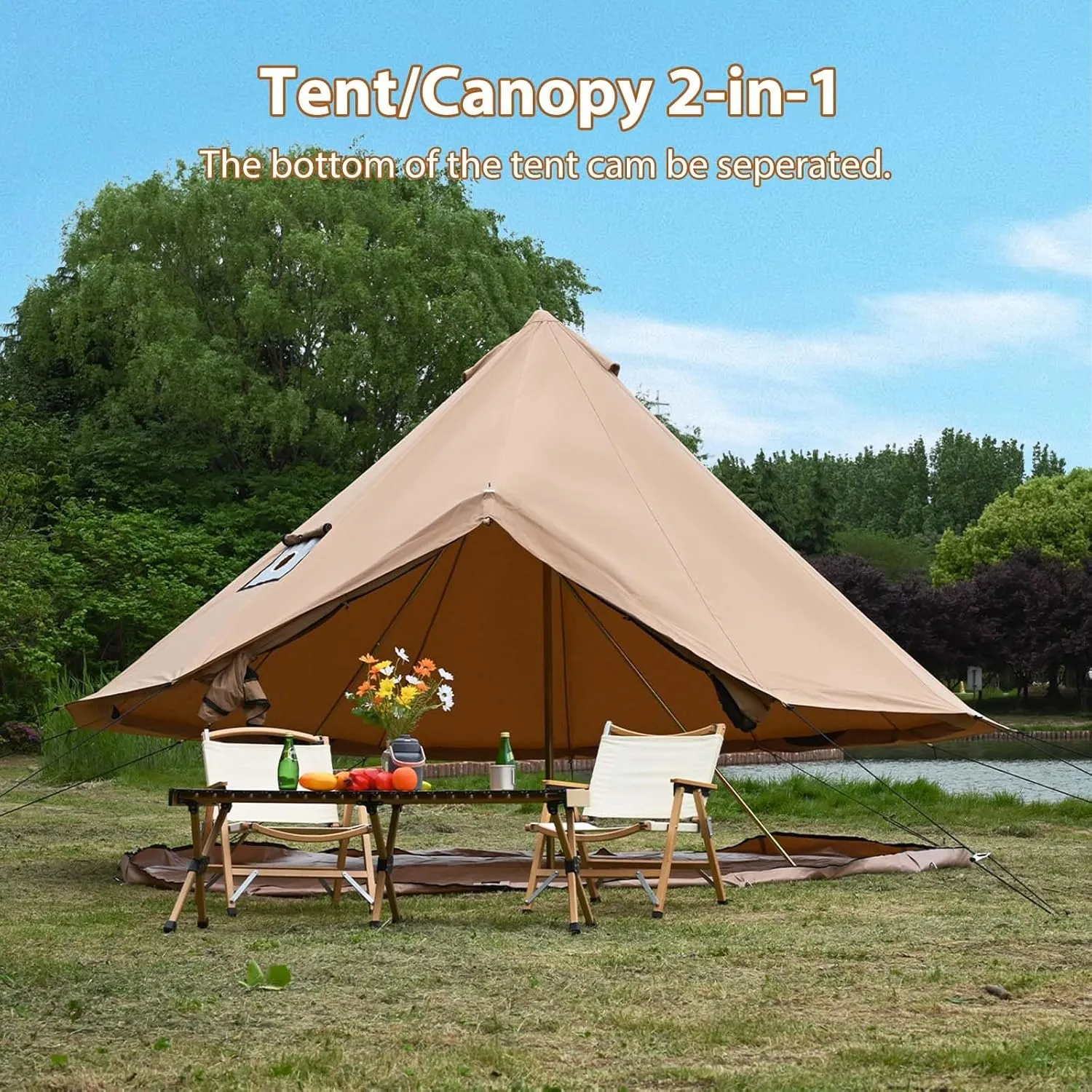 Cotton Canvas Bell Tent with Stove Jack, Roomy Yurt for Family Glamping Camping, 4 Season Tent with Zipped Removable Floor