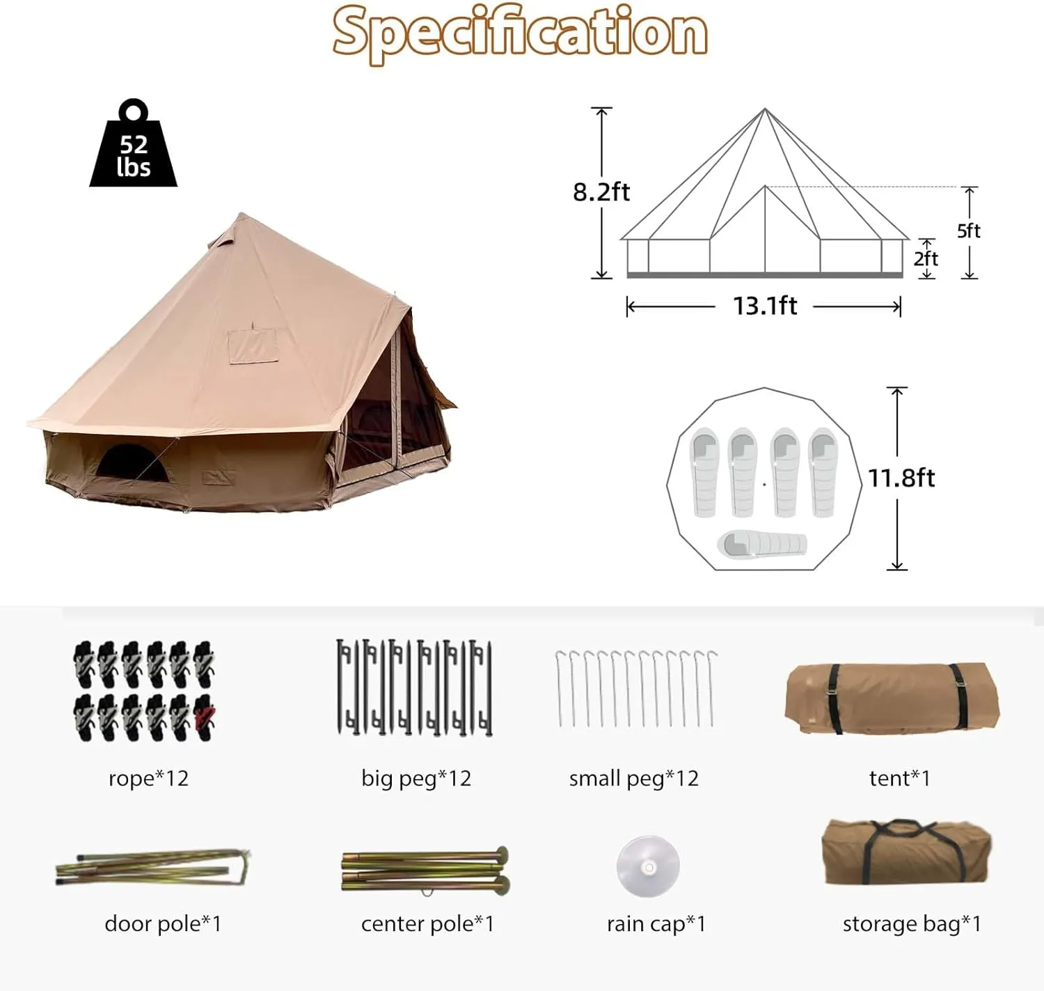 Cotton Canvas Bell Tent with Stove Jack, Roomy Yurt for Family Glamping Camping, 4 Season Tent with Zipped Removable Floor