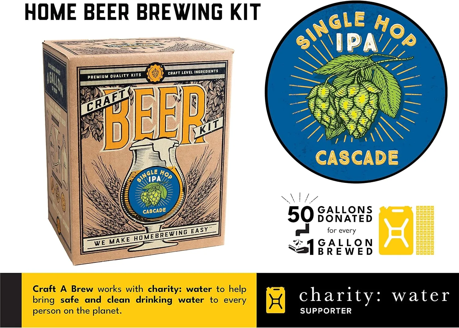 Craft A Brew - Single Hop IPA (Cascade) - Beer Making Kit - Make Your Own Craft Beer - Complete Equipment and Supplies - Starter Home Brewing Kit - 1 Gallon