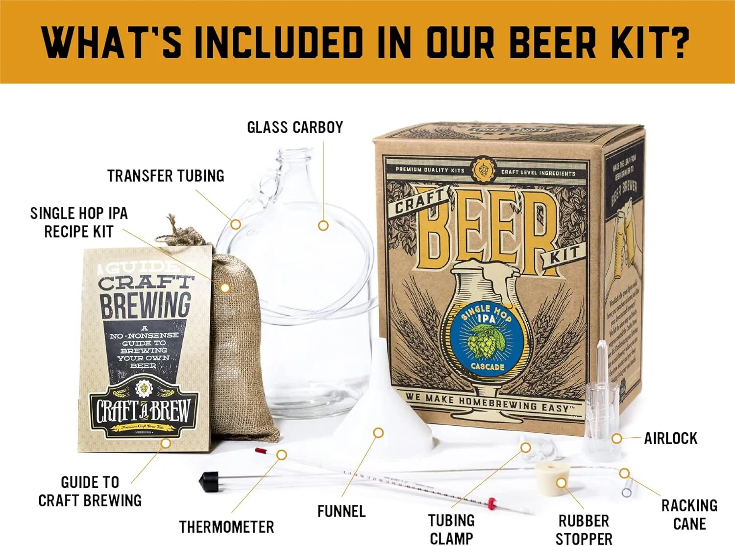 Craft A Brew - Single Hop IPA (Cascade) - Beer Making Kit - Make Your Own Craft Beer - Complete Equipment and Supplies - Starter Home Brewing Kit - 1 Gallon