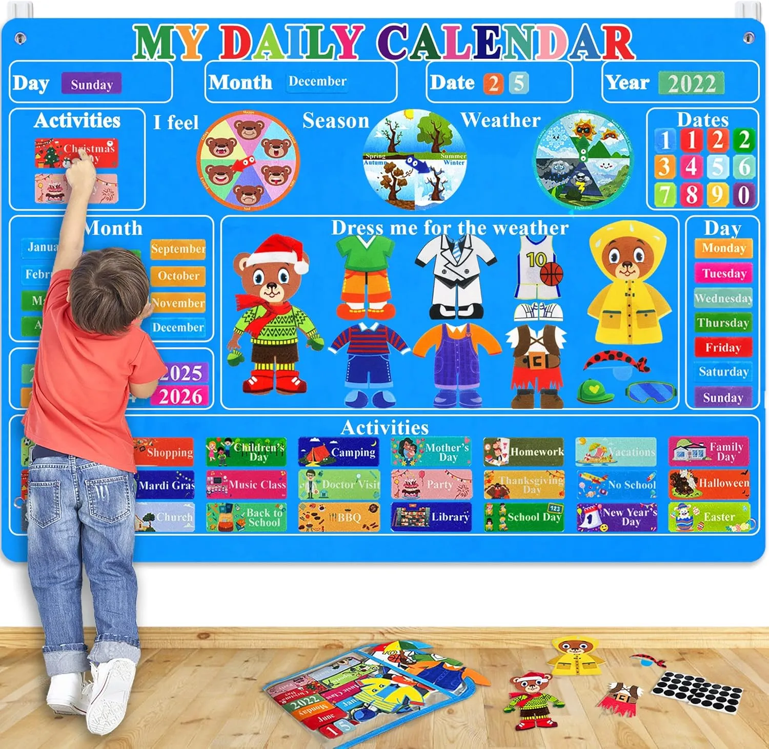Craftstory Preschool Classroom Calendar Circle-Time Learning Center, My Daily Calendar Felt Board for Toddlers Learning Days-of-The-Week with 93 Preschool Learning Activities Sensory Toys (SkyBlue)