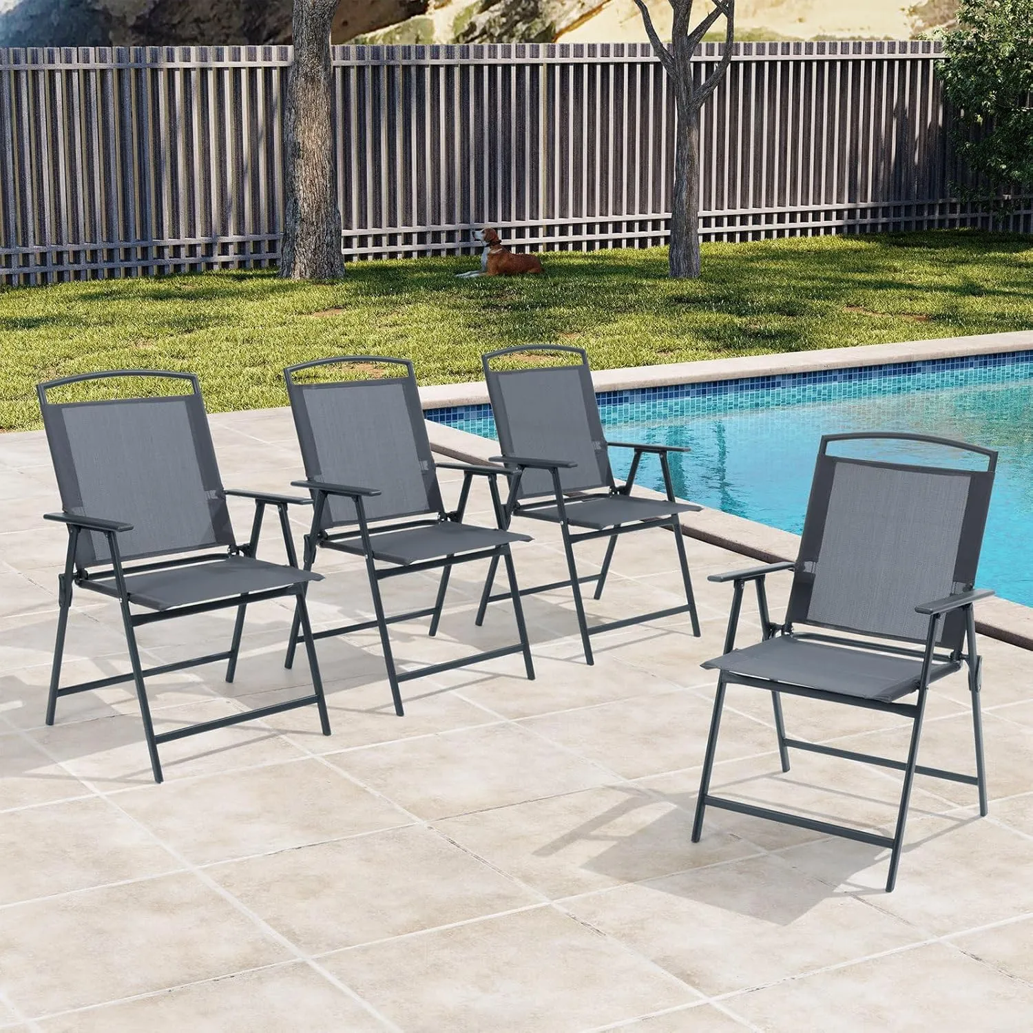 Crestlive Products Patio Folding Chairs Set of 4, Outdoor Folding Chairs with Durable Rust-Resistant Frame and Breathable Textilene Material for Outside, Gray
