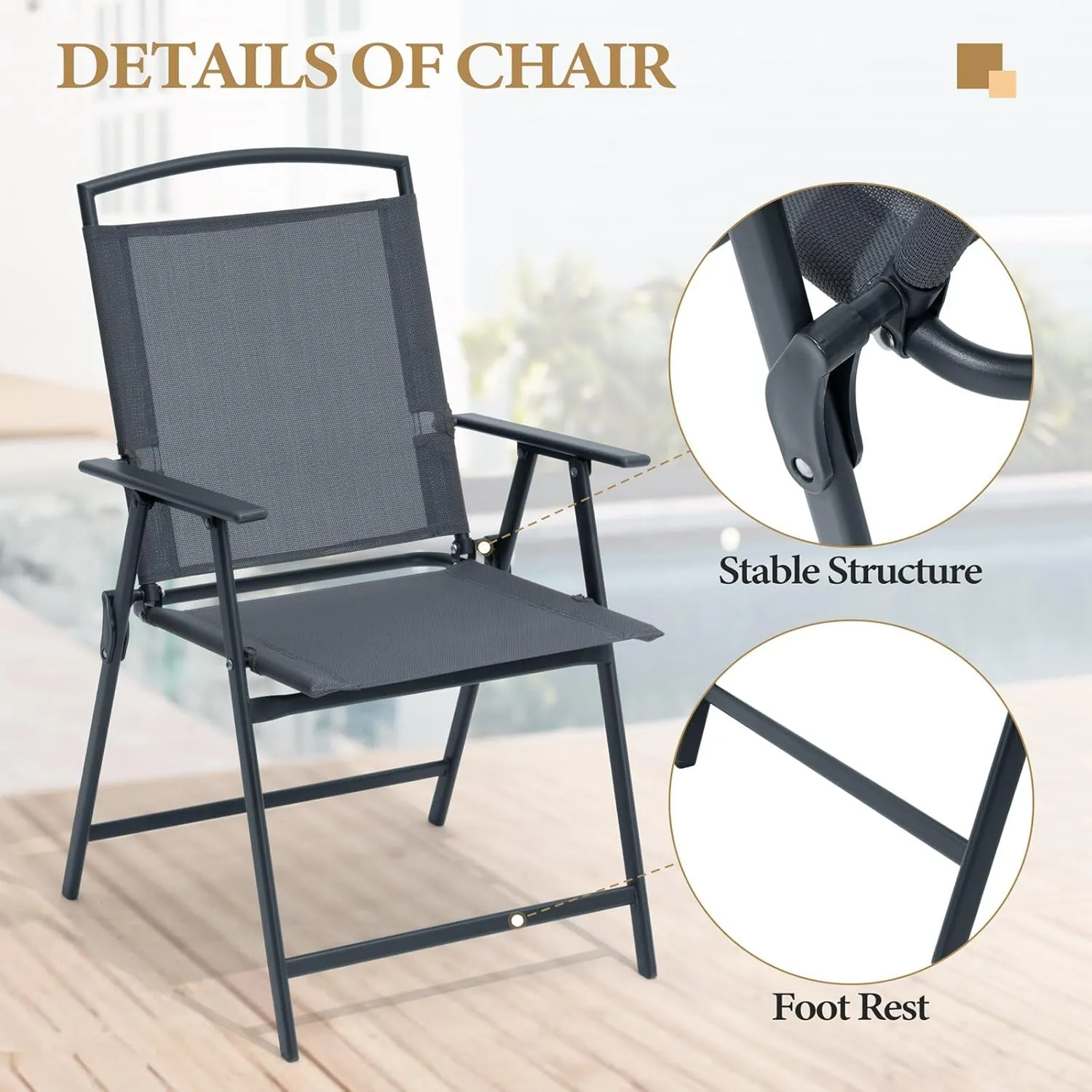 Crestlive Products Patio Folding Chairs Set of 4, Outdoor Folding Chairs with Durable Rust-Resistant Frame and Breathable Textilene Material for Outside, Gray
