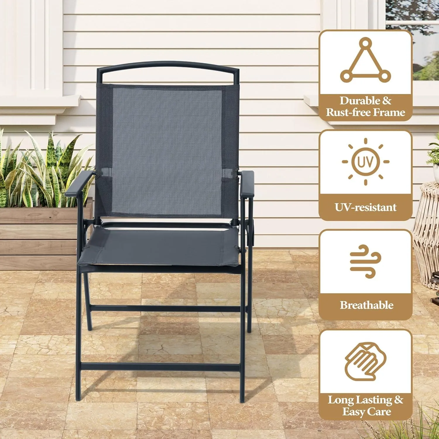 Crestlive Products Patio Folding Chairs Set of 4, Outdoor Folding Chairs with Durable Rust-Resistant Frame and Breathable Textilene Material for Outside, Gray