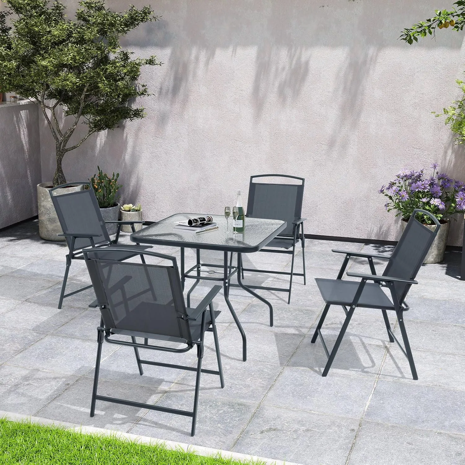 Crestlive Products Patio Folding Chairs Set of 4, Outdoor Folding Chairs with Durable Rust-Resistant Frame and Breathable Textilene Material for Outside, Gray