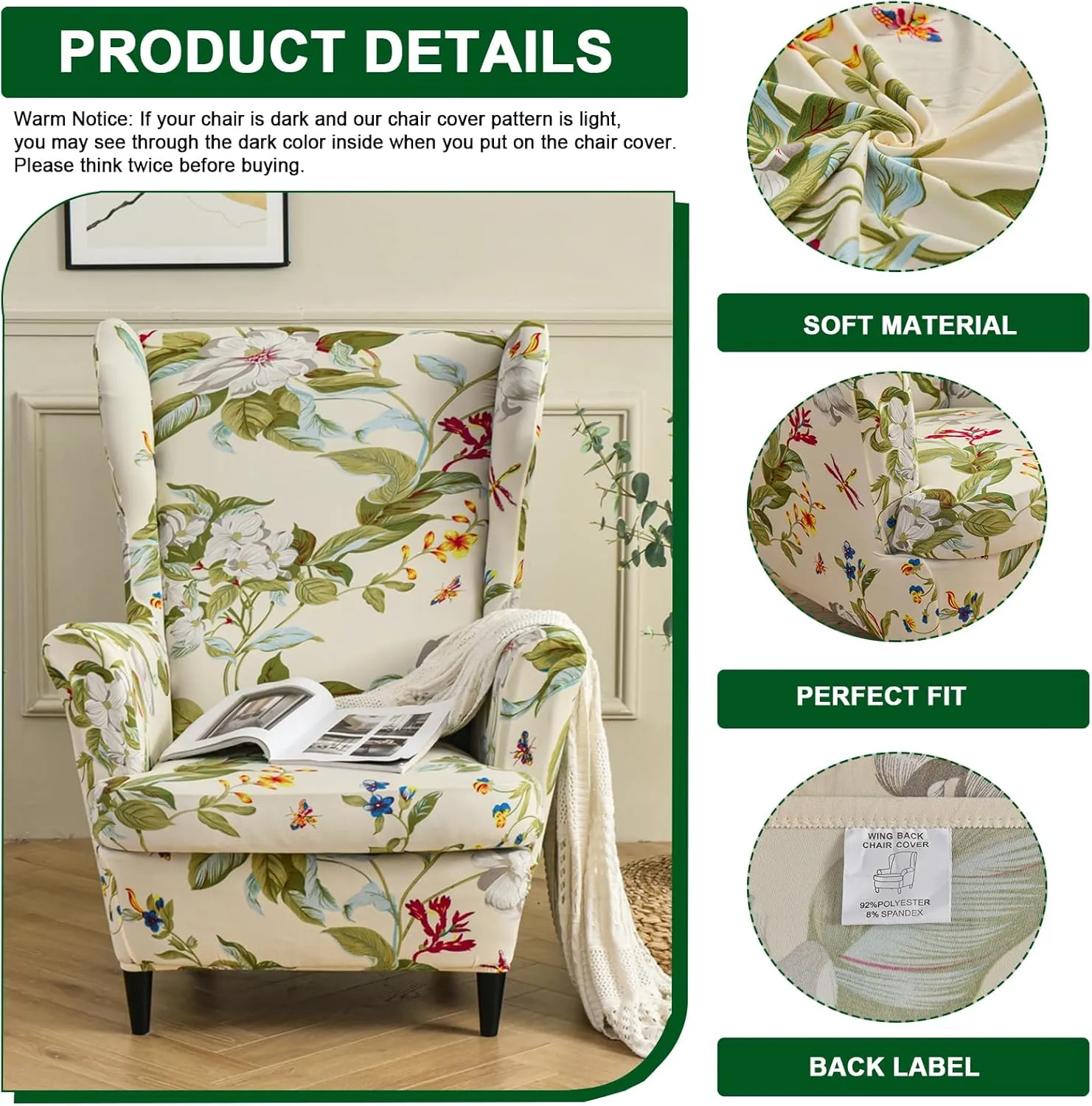 CRFATOP 2 Piece Stretch Wingback Chair Cover Printed Wing Chair Slipcovers Spandex Fabric Wingback Armchair Covers with Elastic Bottom for Living Room Bedroom Wingback Chair (06)