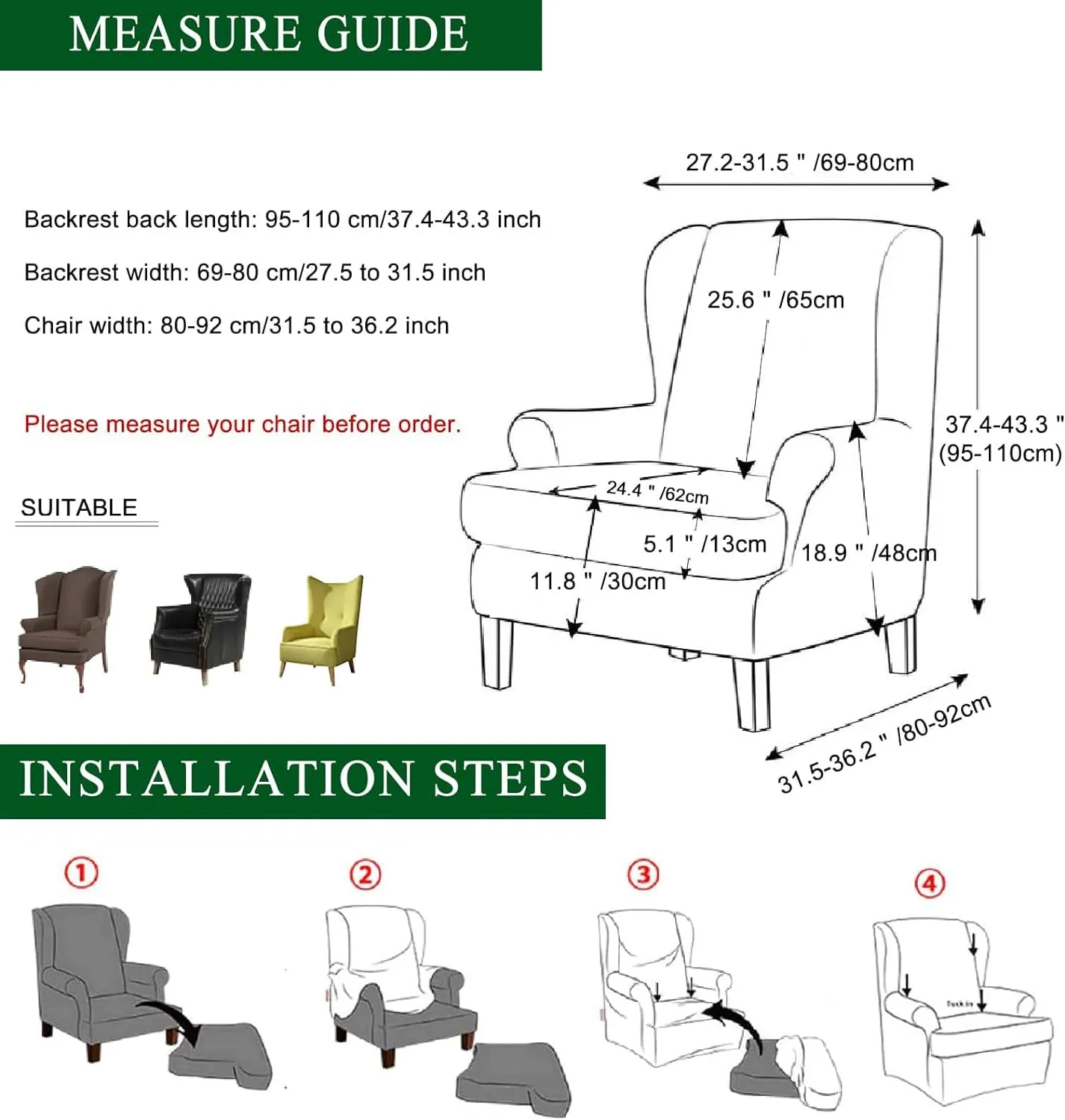 CRFATOP 2 Piece Stretch Wingback Chair Cover Printed Wing Chair Slipcovers Spandex Fabric Wingback Armchair Covers with Elastic Bottom for Living Room Bedroom Wingback Chair (06)