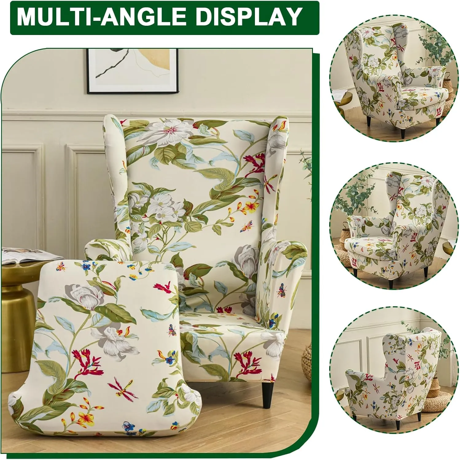 CRFATOP 2 Piece Stretch Wingback Chair Cover Printed Wing Chair Slipcovers Spandex Fabric Wingback Armchair Covers with Elastic Bottom for Living Room Bedroom Wingback Chair (06)