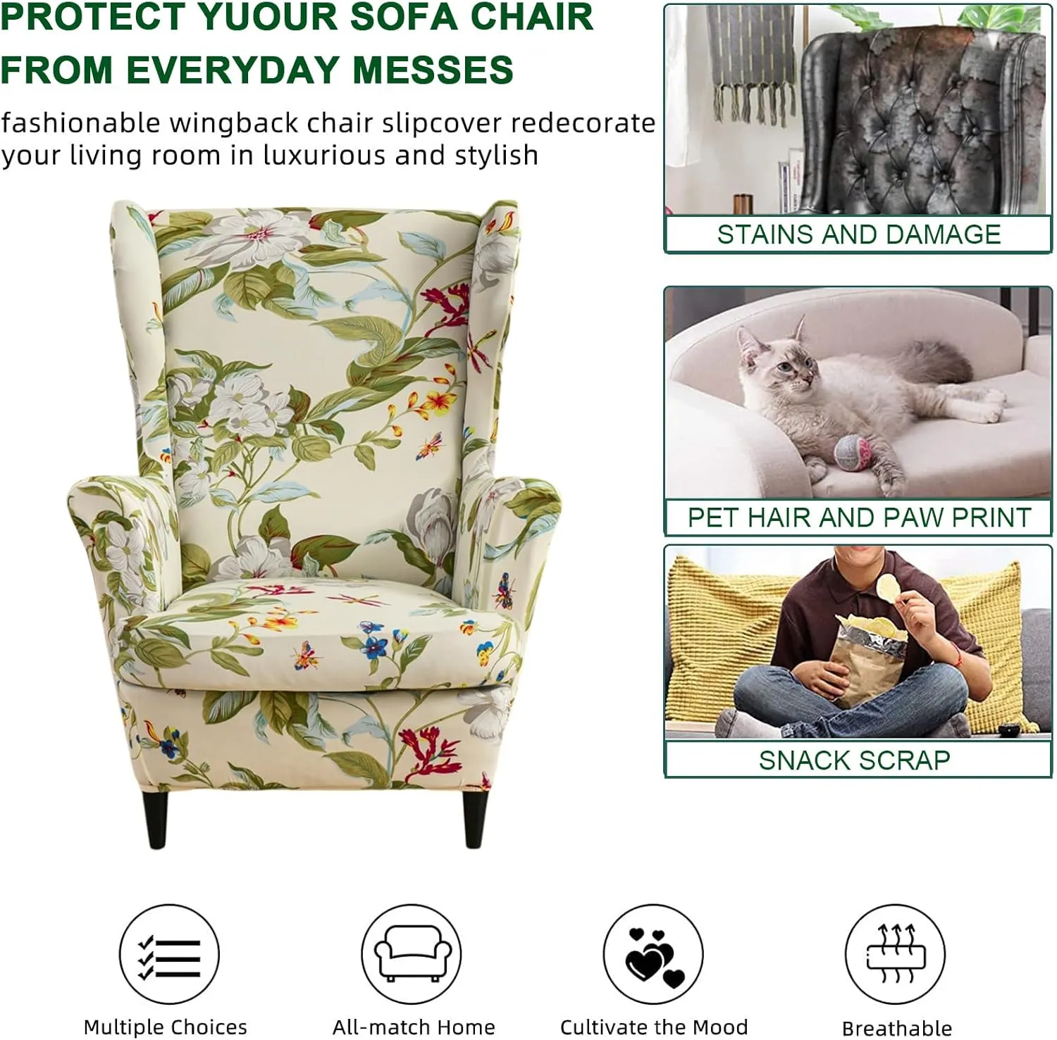 CRFATOP 2 Piece Stretch Wingback Chair Cover Printed Wing Chair Slipcovers Spandex Fabric Wingback Armchair Covers with Elastic Bottom for Living Room Bedroom Wingback Chair (06)