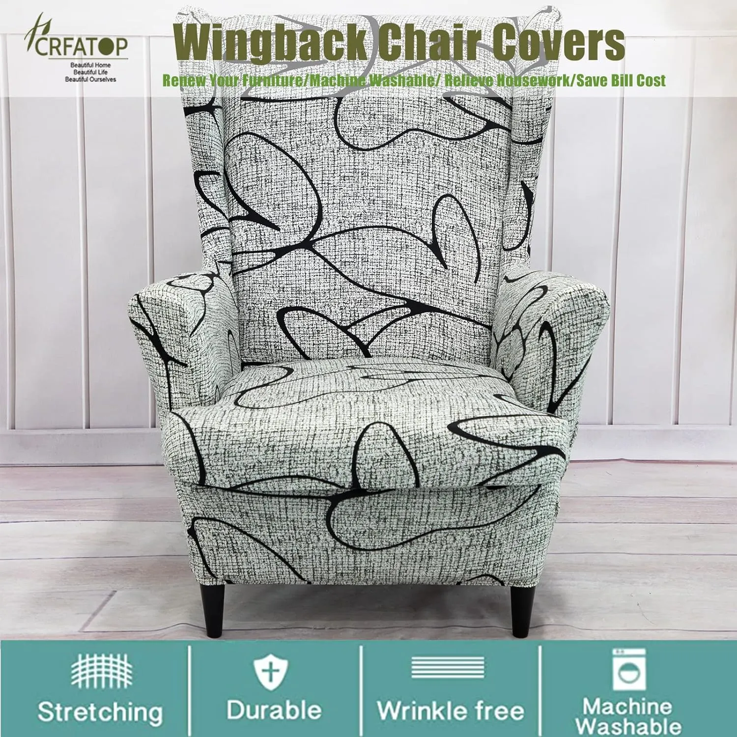 CRFATOP Wingback Chair Cover 2 Piece Stretchy Wingback Armchair Covers Spandex Elastic Wing Chair Slipcover Sofa Cover for Furniture Protector in Living Room,B37