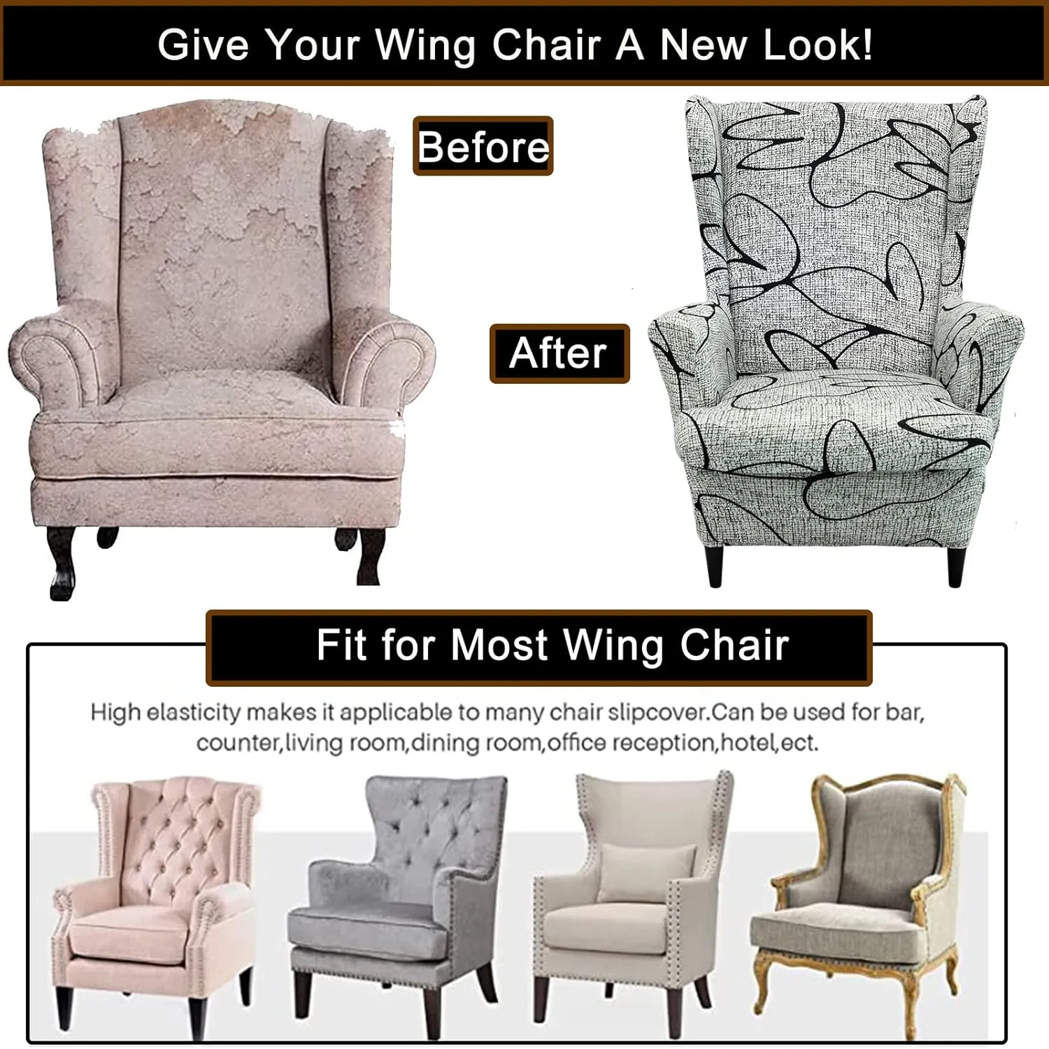 CRFATOP Wingback Chair Cover 2 Piece Stretchy Wingback Armchair Covers Spandex Elastic Wing Chair Slipcover Sofa Cover for Furniture Protector in Living Room,B37