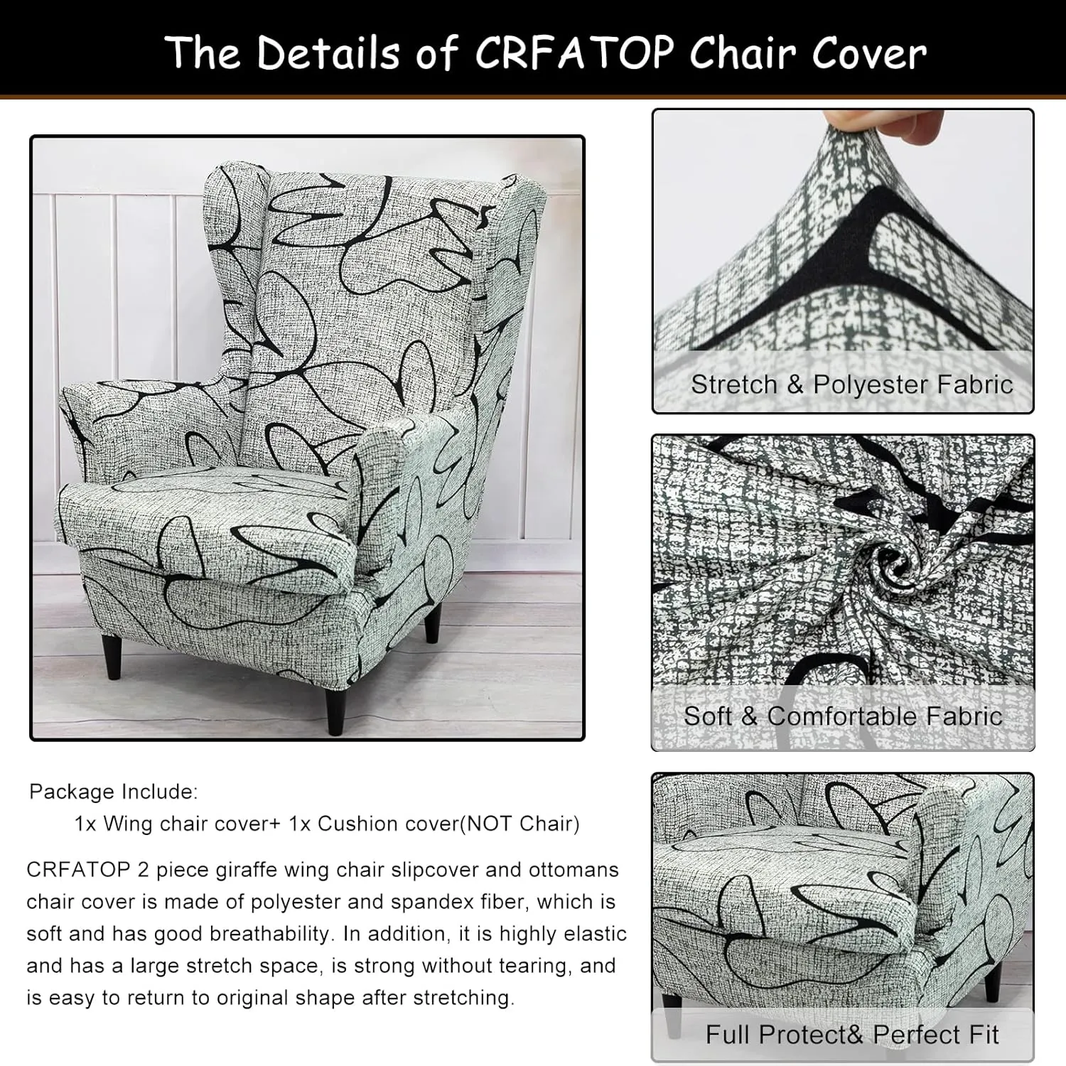 CRFATOP Wingback Chair Cover 2 Piece Stretchy Wingback Armchair Covers Spandex Elastic Wing Chair Slipcover Sofa Cover for Furniture Protector in Living Room,B37