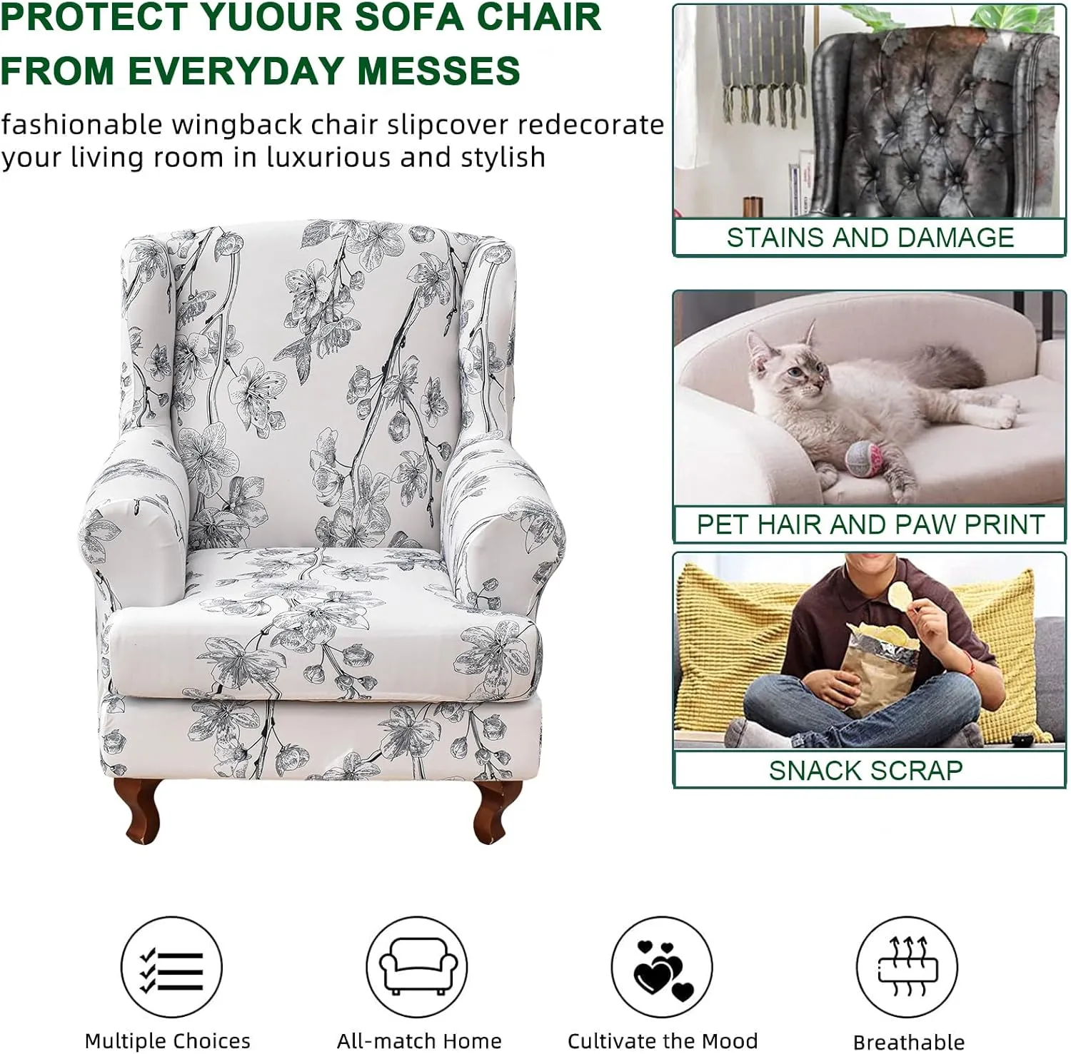 CRFATOP Wingback Chair Covers 2 Pieces Stretch Printed Wing Back Chair Cover Sofa Slipcover Washable Wingback Armchair Slipcovers Furniture Protector with Elastic Bottom for Wingback Chairs,A52