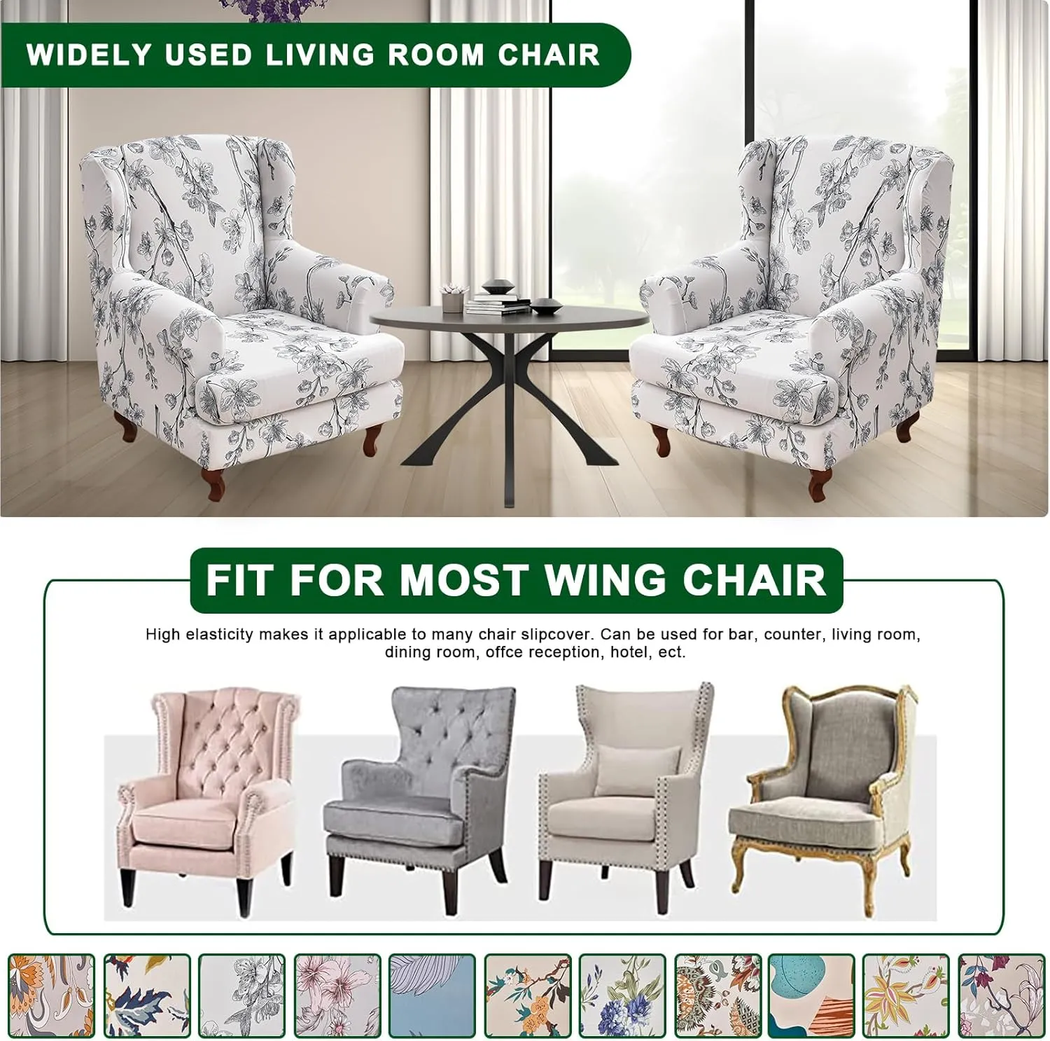 CRFATOP Wingback Chair Covers 2 Pieces Stretch Printed Wing Back Chair Cover Sofa Slipcover Washable Wingback Armchair Slipcovers Furniture Protector with Elastic Bottom for Wingback Chairs,A52