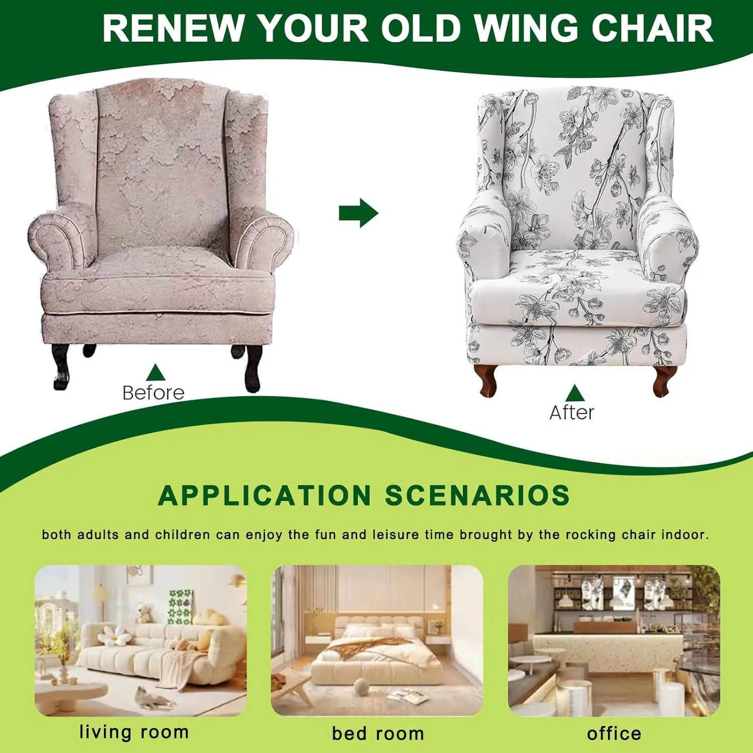 CRFATOP Wingback Chair Covers 2 Pieces Stretch Printed Wing Back Chair Cover Sofa Slipcover Washable Wingback Armchair Slipcovers Furniture Protector with Elastic Bottom for Wingback Chairs,A52