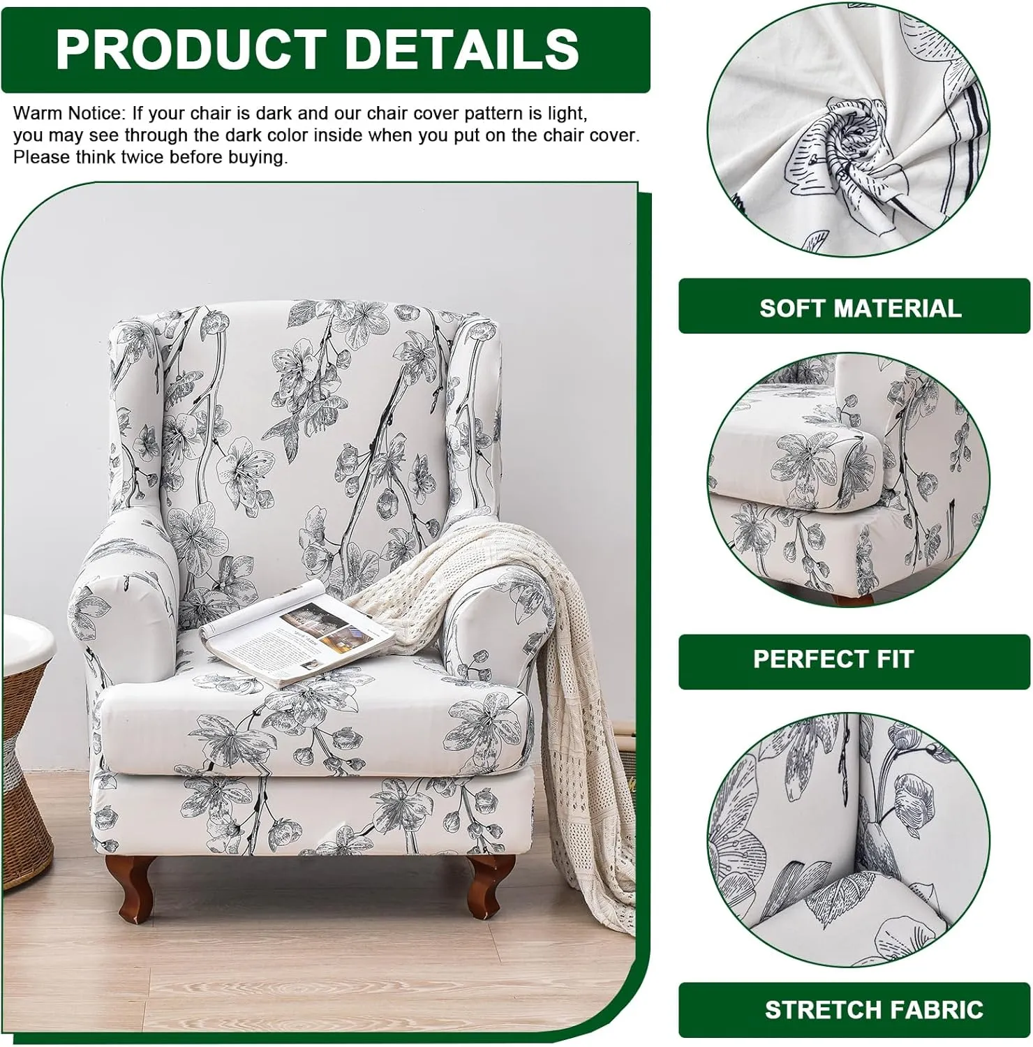 CRFATOP Wingback Chair Covers 2 Pieces Stretch Printed Wing Back Chair Cover Sofa Slipcover Washable Wingback Armchair Slipcovers Furniture Protector with Elastic Bottom for Wingback Chairs,A52