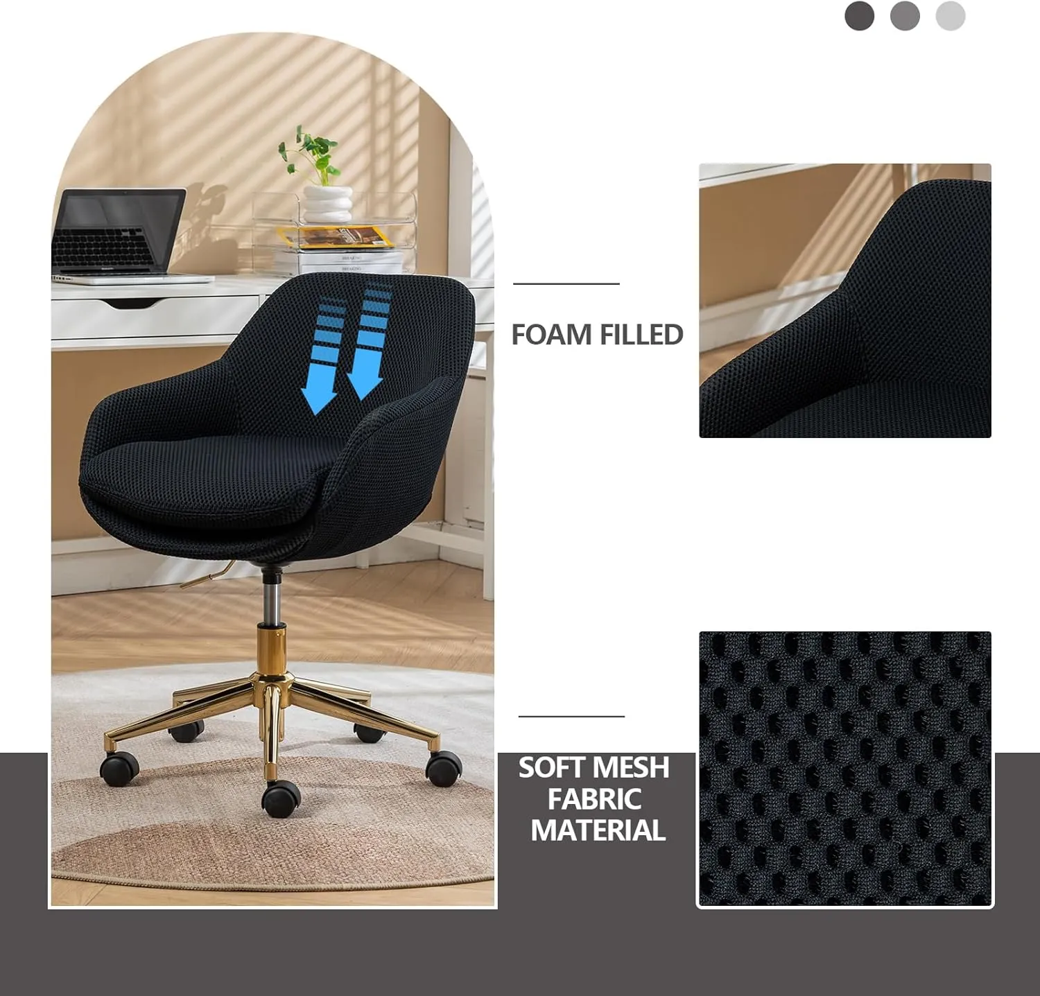 Cross Legged Office Chair, Mesh Fabric Vanity Chair with Wheels, Height Adjustable Swivel Task Chair, Desk Chair with Gold Metal Base Black