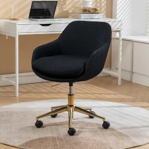 Cross Legged Office Chair, Mesh Fabric Vanity Chair with Wheels, Height Adjustable Swivel Task Chair, Desk Chair with Gold Metal Base Black