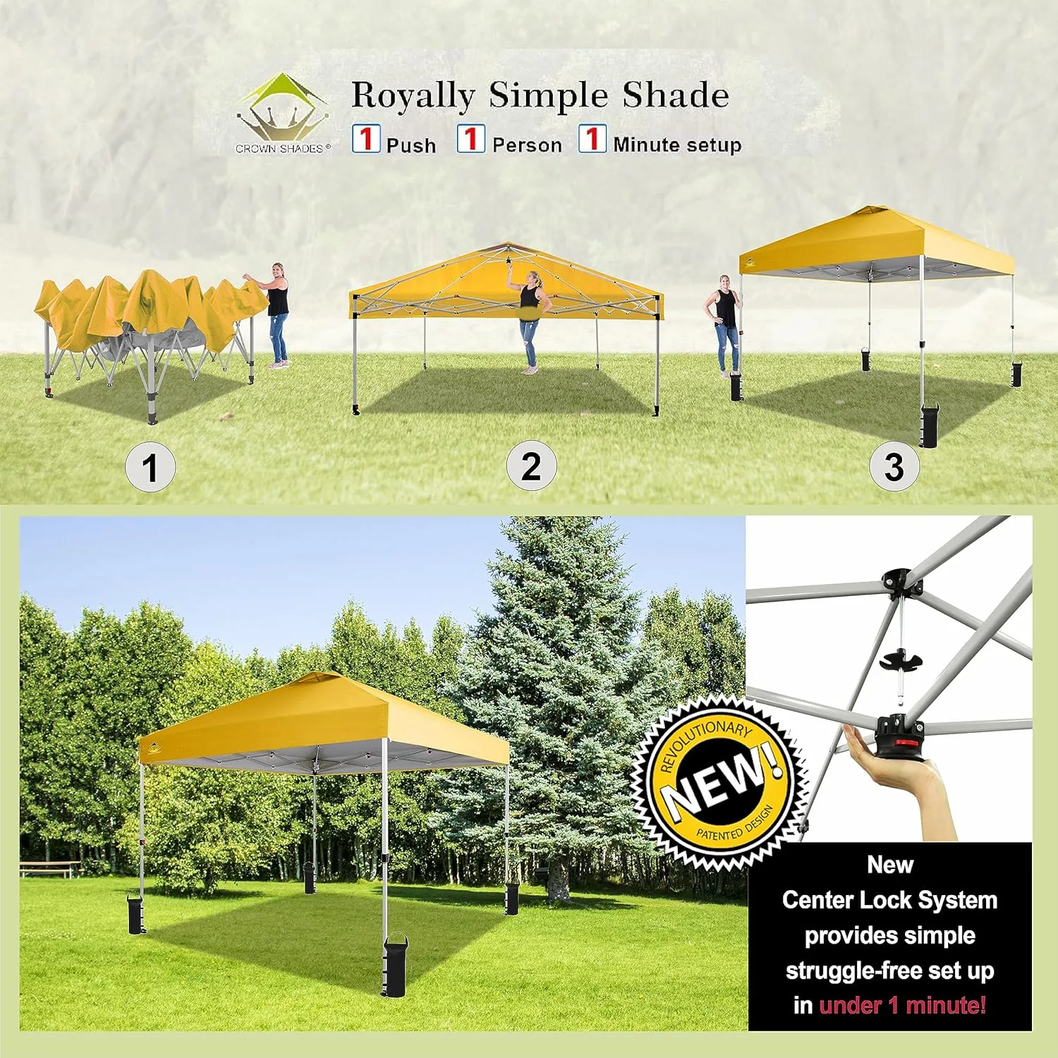Crown Shades 10x10 Pop Up Canopy - Beach Tent with One Push Setup - Outdoor Sun Shade for Events, Parties, Camping - Gazebo with STO-N-Go Cover Bag, Silver Coated Top, 3 Height& 4 Sand Bags, Yellow