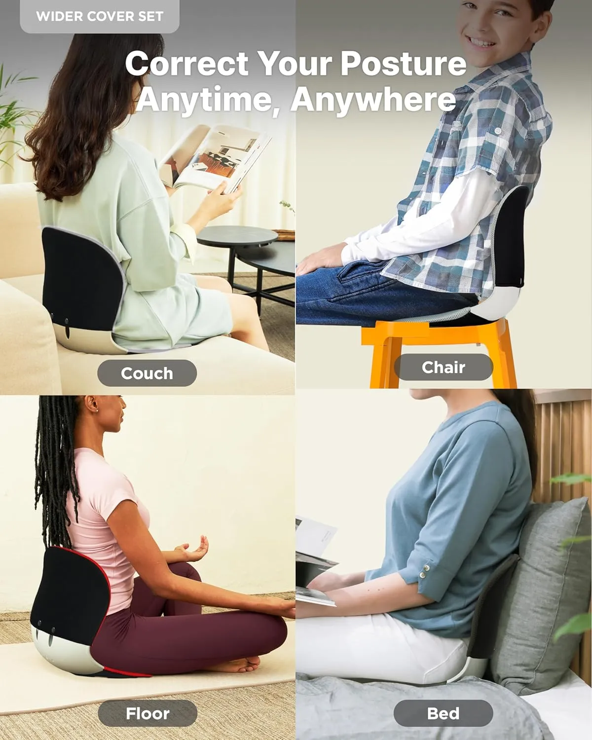 curble Wider(Standard Wide) Cover Set – Lower Back Support Chair with Detachable Cover, Lumbar Support Back Posture Corrector, Back Pain Relief (Set Grey)