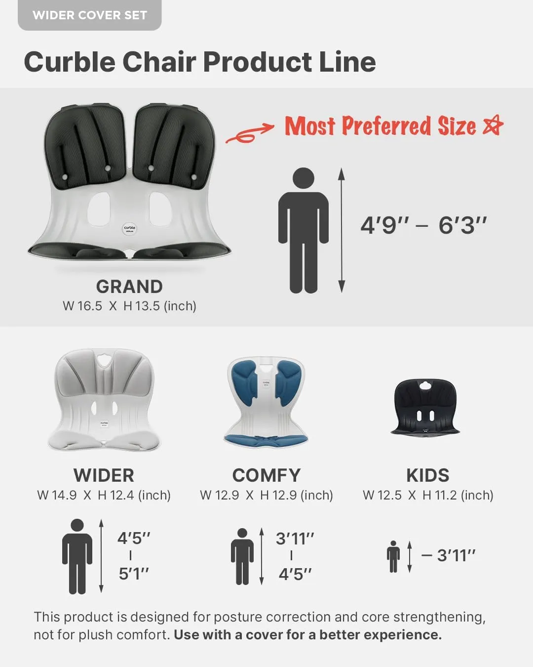 curble Wider(Standard Wide) Cover Set – Lower Back Support Chair with Detachable Cover, Lumbar Support Back Posture Corrector, Back Pain Relief (Set Grey)