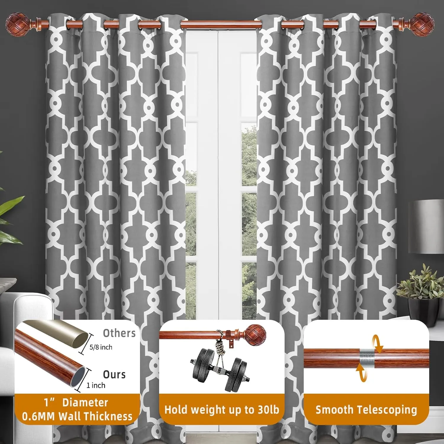 Curtain Rod for Windows 120 to 170 inches(10-14FT)：1 inch Diameter Heavy duty adjustable curtain rod with Netted Texture Finials - Decorative single Curtain Rod for Bedroom and living room（Redwood）