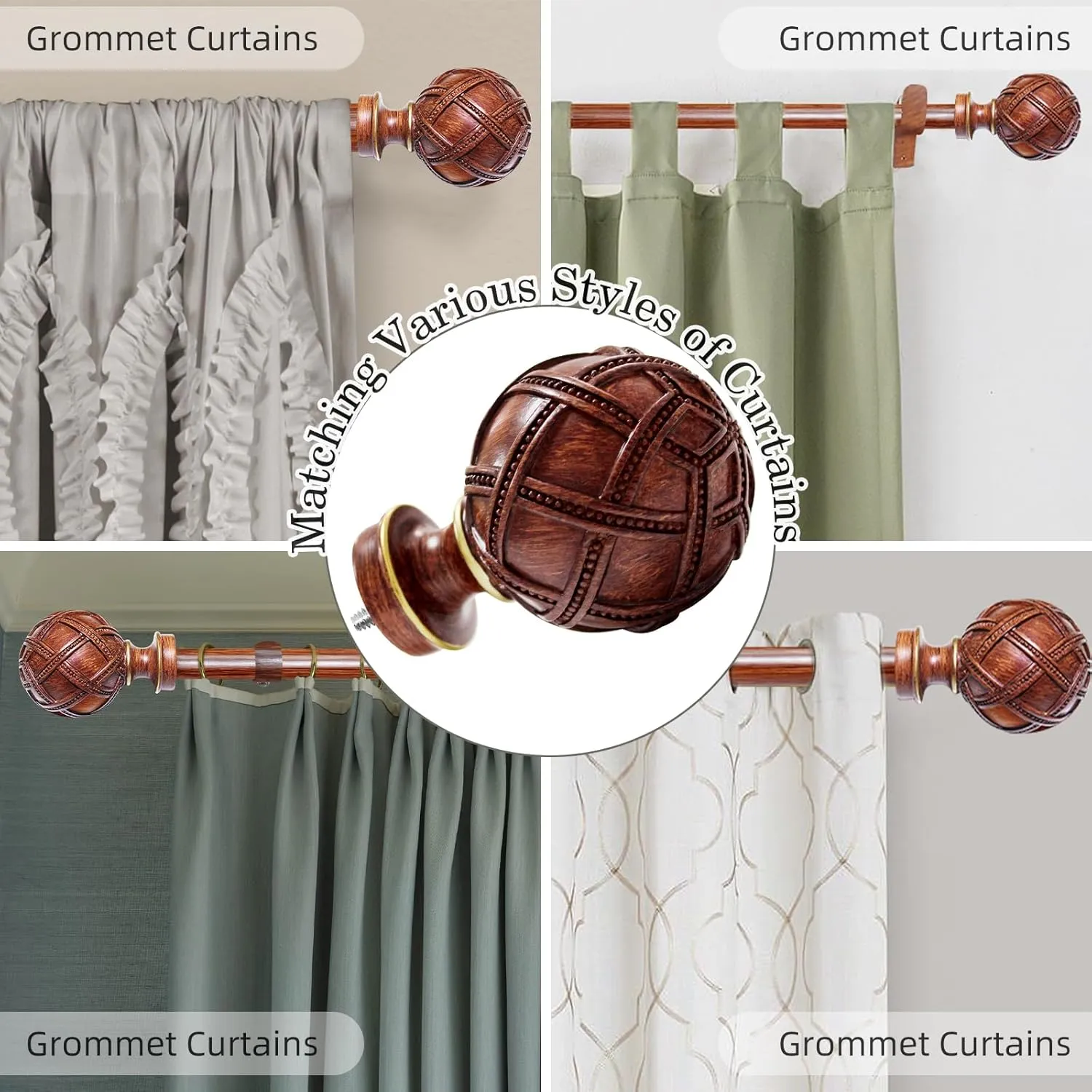 Curtain Rod for Windows 120 to 170 inches(10-14FT)：1 inch Diameter Heavy duty adjustable curtain rod with Netted Texture Finials - Decorative single Curtain Rod for Bedroom and living room（Redwood）
