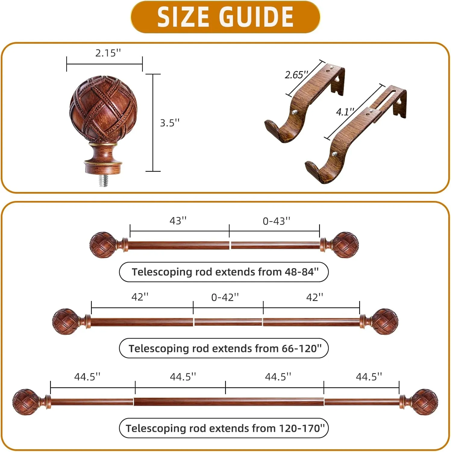 Curtain Rod for Windows 120 to 170 inches(10-14FT)：1 inch Diameter Heavy duty adjustable curtain rod with Netted Texture Finials - Decorative single Curtain Rod for Bedroom and living room（Redwood）