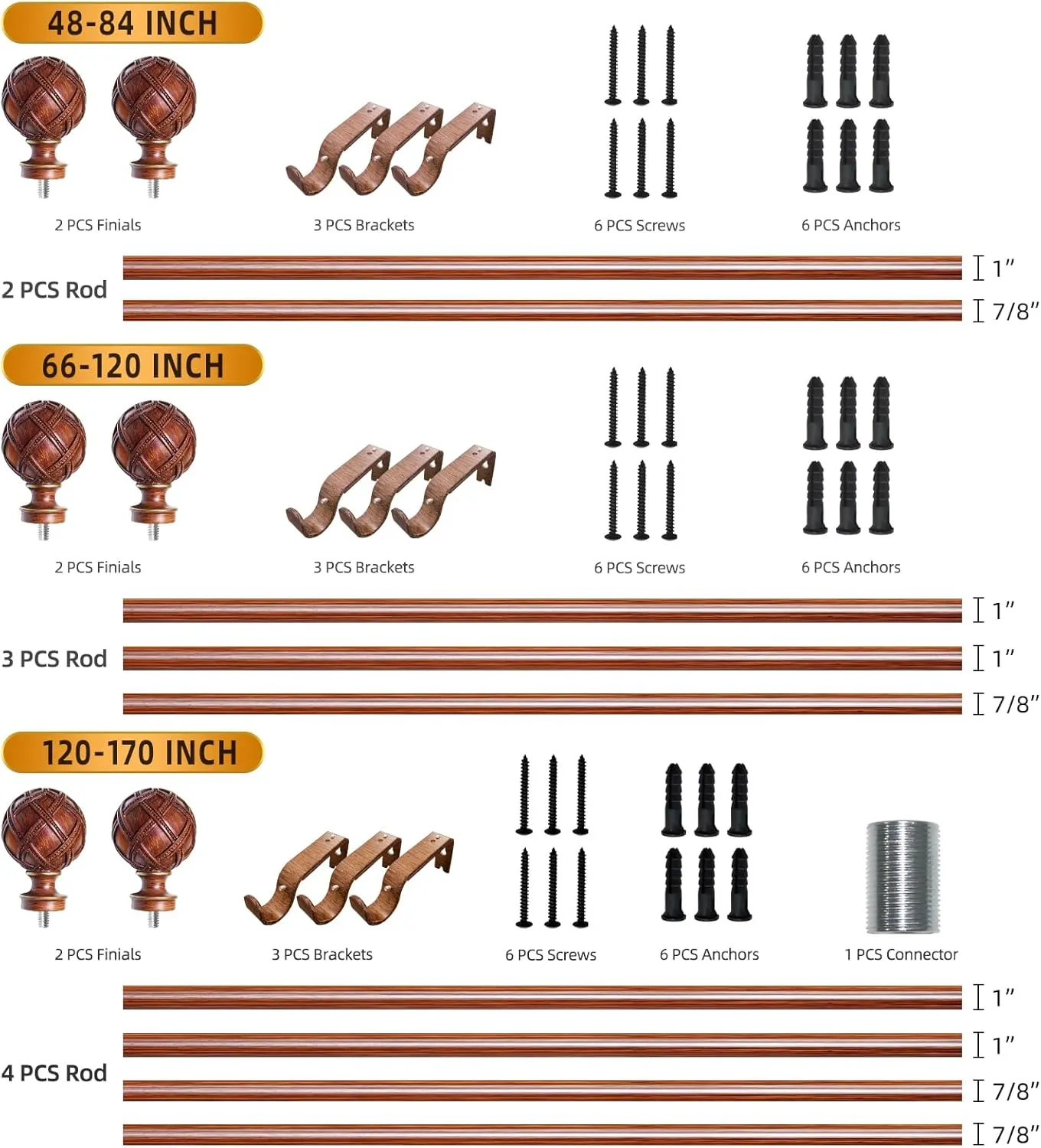 Curtain Rod for Windows 120 to 170 inches(10-14FT)：1 inch Diameter Heavy duty adjustable curtain rod with Netted Texture Finials - Decorative single Curtain Rod for Bedroom and living room（Redwood）