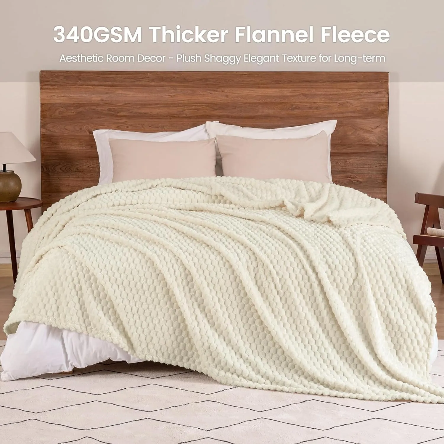 David's Home Ultra Soft Fleece Blanket Queen Size, Warm Lightweight 3D Jacquard Flannel Blanket for Fall Winter, Fluffy Cozy Luxury Plush Suitable for Bed Room Decor,90"x90", Cream