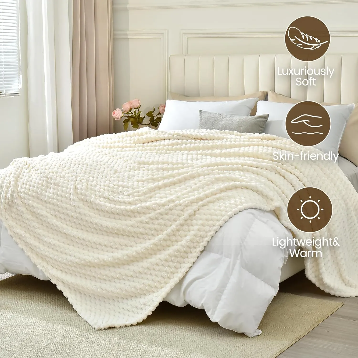 David's Home Ultra Soft Fleece Blanket Queen Size, Warm Lightweight 3D Jacquard Flannel Blanket for Fall Winter, Fluffy Cozy Luxury Plush Suitable for Bed Room Decor,90"x90", Cream